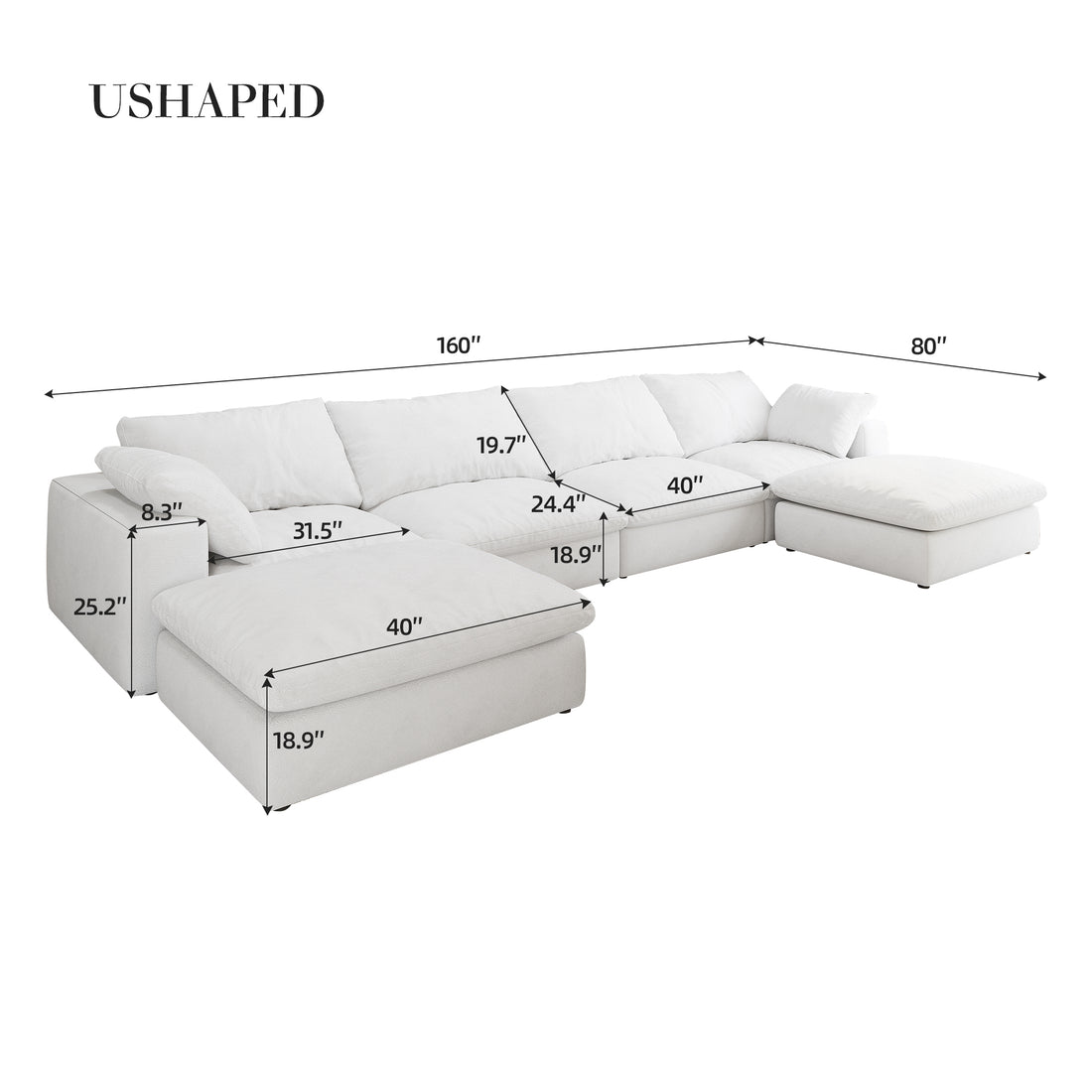 Cloud Modular Sectional Sofa With 2 Storage Ottomans,160.6" Down Filled Comfort U Shaped Sofa Couch For Living Room 4Seaters 2Ottoman White Down Filling,Fabric,Foam 6 Seat