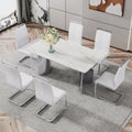 Modern Minimalist Dining Table. Imitation Marble Glass Sticker Desktop, Stainless Steel Legs, Stable And Beautiful. 6 Premium Pu Seats. 63 Inches * 35.4 Inches * 29.5 Inches Dt 69 C 1162 Silver Glass