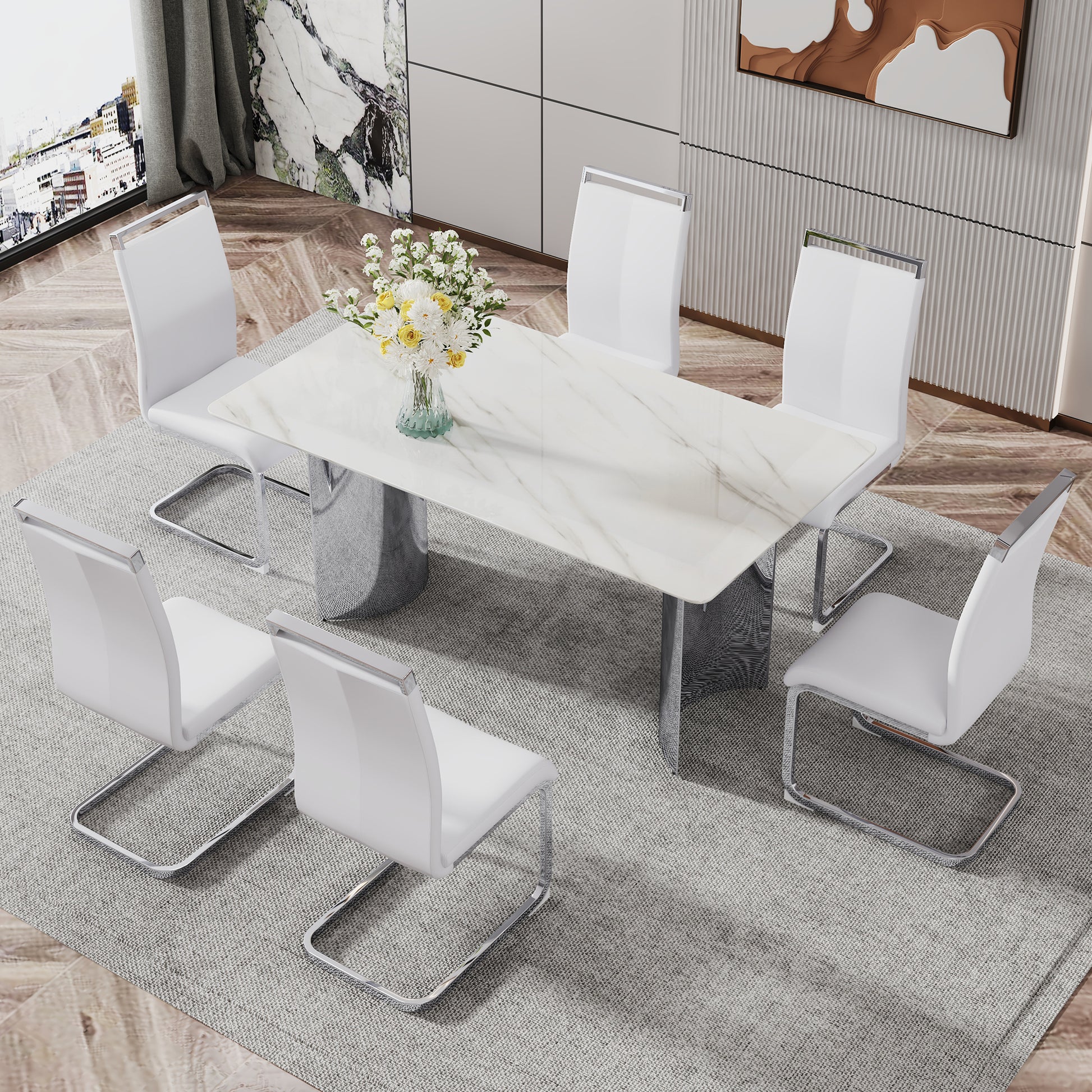 Modern Minimalist Dining Table. Imitation Marble Glass Sticker Desktop, Stainless Steel Legs, Stable And Beautiful. 6 Premium Pu Seats. 63 Inches * 35.4 Inches * 29.5 Inches Dt 69 C 1162 Silver Glass