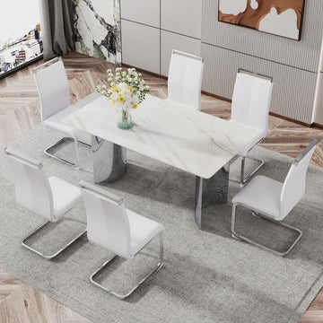 Modern Minimalist Dining Table. Imitation Marble Glass Sticker Desktop, Stainless Steel Legs, Stable And Beautiful. 6 Premium Pu Seats. 63 Inches * 35.4 Inches * 29.5 Inches Dt 69 C 1162 Silver Glass