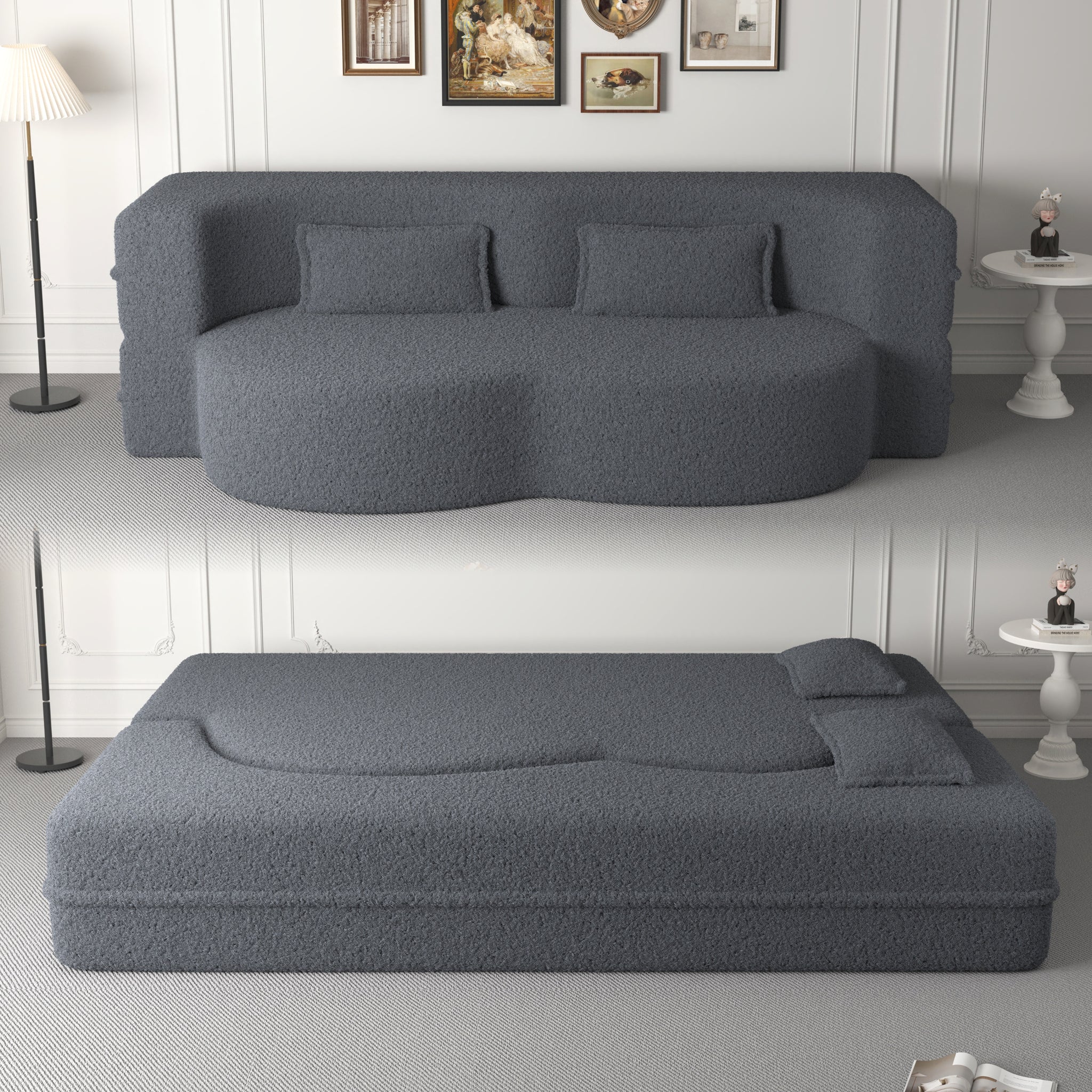 Modern Floor Sofa With 2 Pillows,Convertible Teddy Fabric Foam Filled Sleeper Sofa Bed,15" Full Size Folding Mattress For Living Room,Guest Bed,Playroom,No Assembly Required,Grey Old