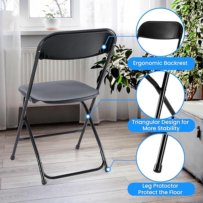 10 Pcs Folding Chair Plastic, Foldable Stackable Portable Seat With Metal Frame 330Lb Capacity, Outdoor Indoor Commercial For Party, Wedding, Event, Office, Patio, Picnic, Kitchen, Black Black