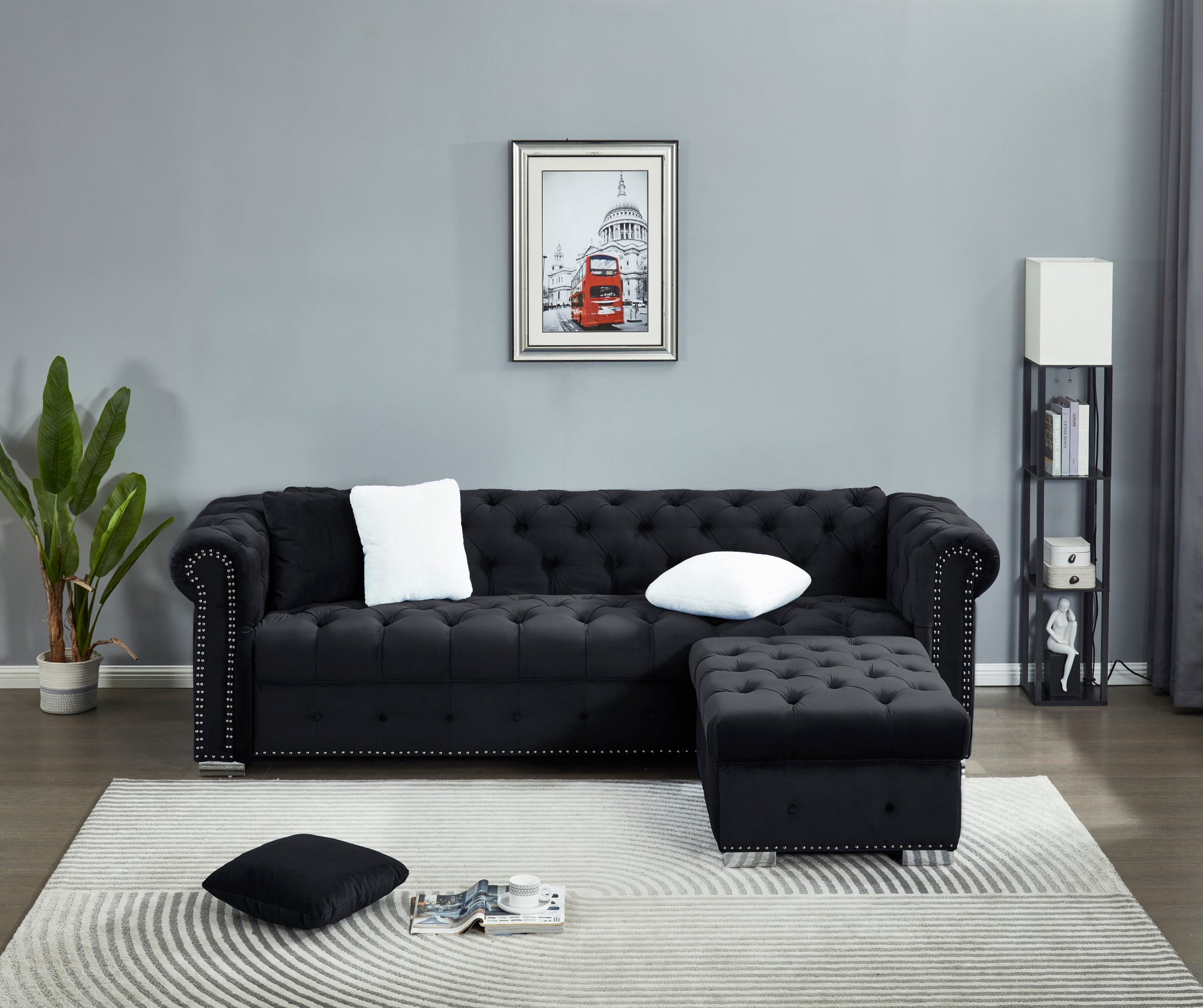 Reversible Sectional Sofa 4 Seater Oversized Convertible L Shaped Couch Velvet Sofa Couch Black Velvet 4 Seat