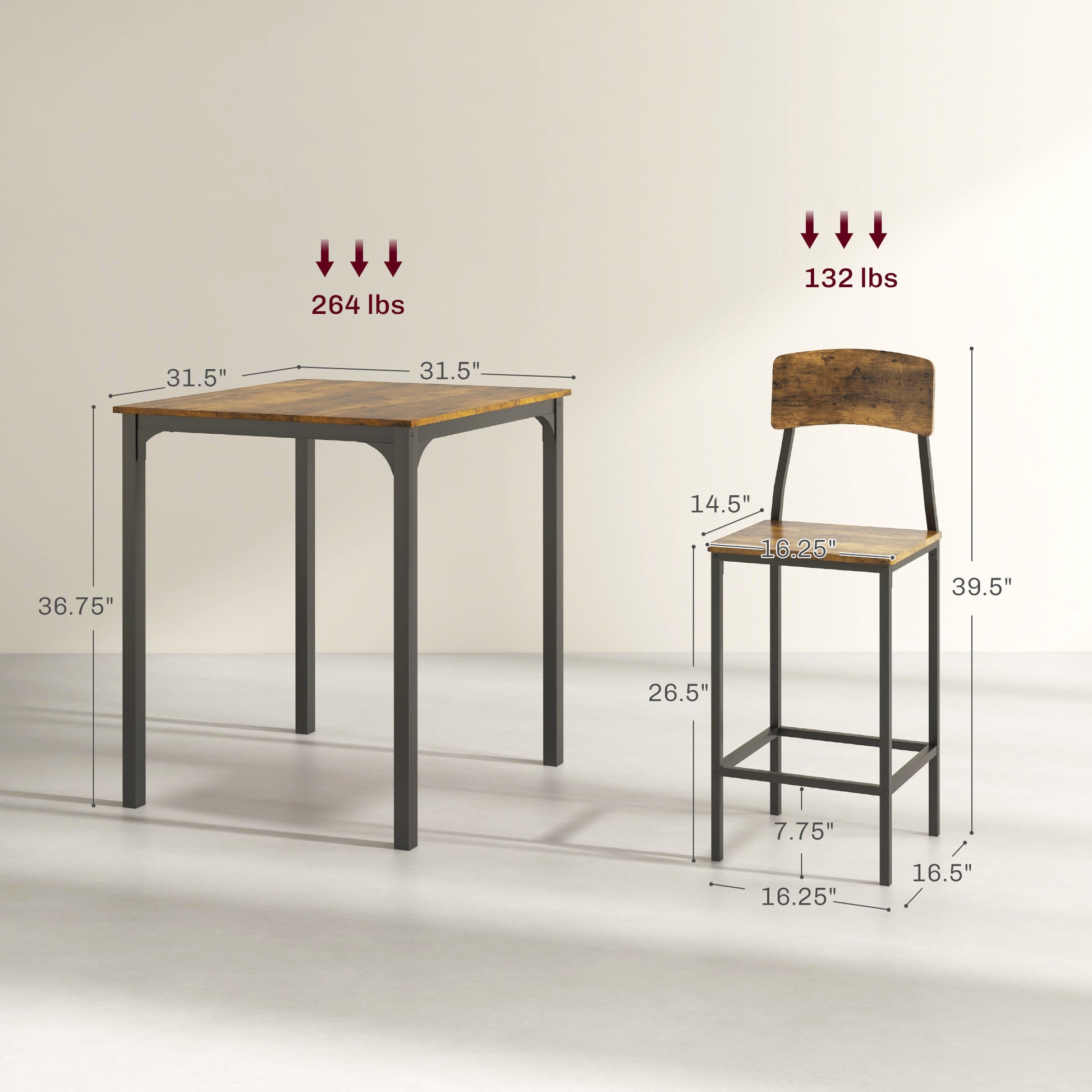 Homcom 3 Piece Counter Height Bar Table And Chairs Set, Industrial Small Dining Table Set For 2, Square Kitchen Table And Stools With Steel Frame, Rustic Brown And Black Brown Black Steel