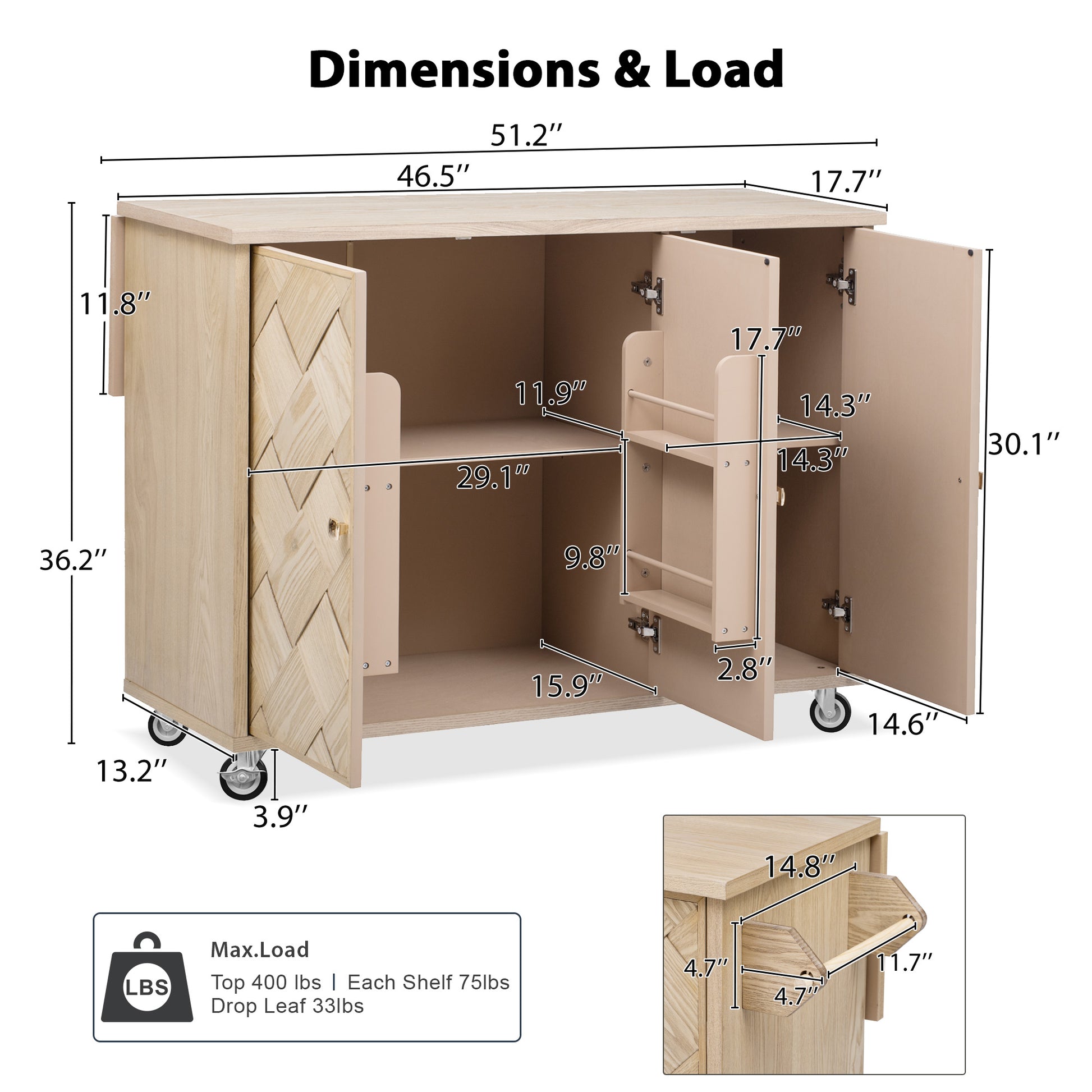 K&K 51.2"W Ash Veneer Not Cheap Paper Solid Wood Handwoven Kitchen Island With Drop Leaf, Coastal Kitchen Island On Wheels With Internal Storage Rack, Rolling Kitchen Cart, Nature Wood Natural Wood