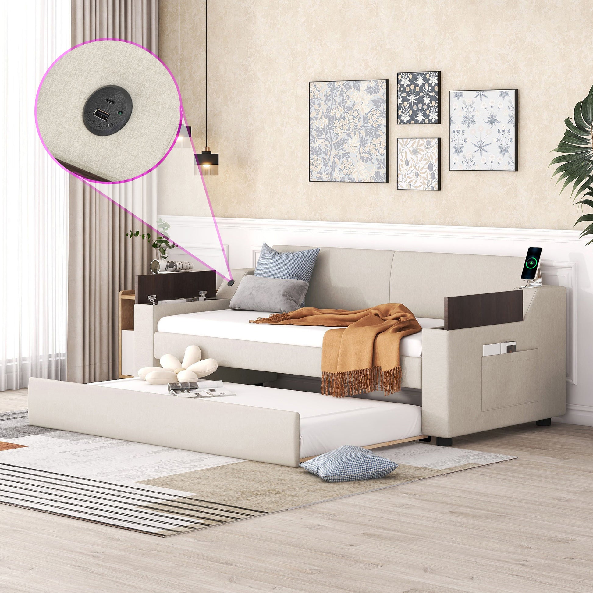 Twin Size Upholstery Daybed With Storage Arms, Trundle And Usb Design, Beige Old Sku:Gx000547Aaa Box Spring Not Required Twin Beige Wood Upholstered