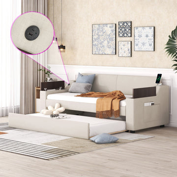 Twin Size Upholstery Daybed With Storage Arms, Trundle And Usb Design, Beige Old Sku:Gx000547Aaa Box Spring Not Required Twin Beige Wood Upholstered