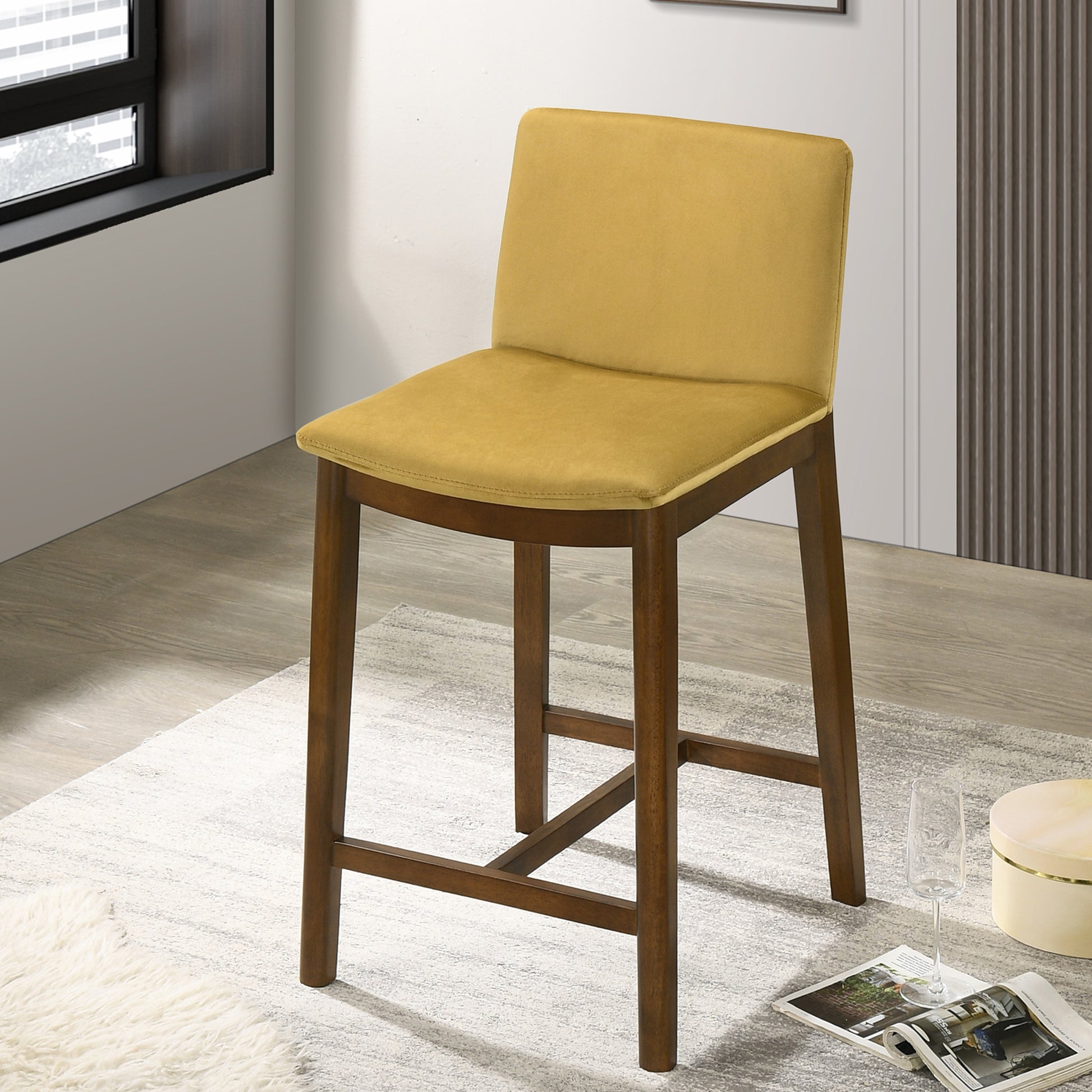 Shannon Counter Chair In Dark Yellow Velvet Wood Solid Brown,Yellow Brown Dining Room Wipe Clean Bar Stools Solid Wood,Velvet