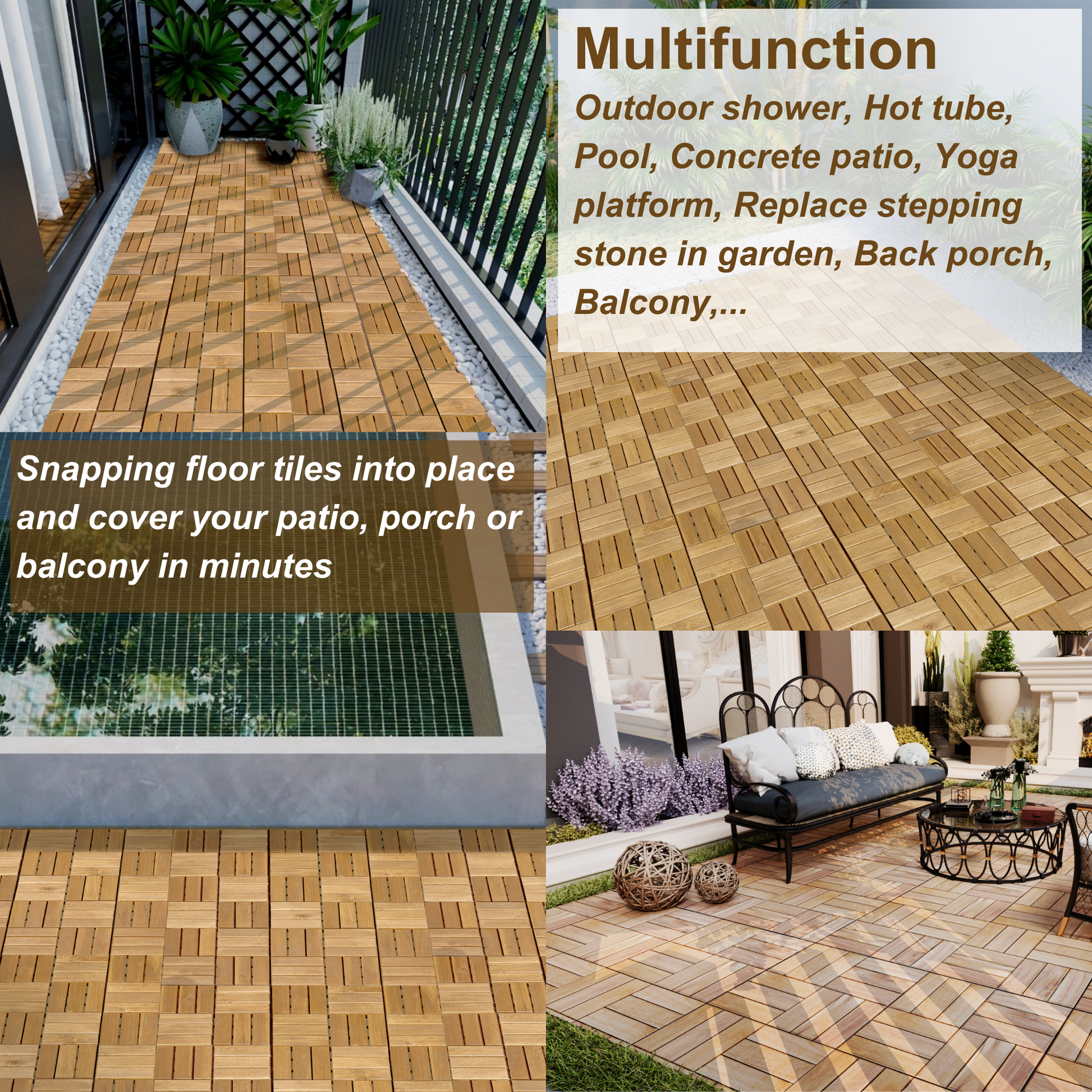 30 Pcs Interlocking Deck Tiles Checker Pattern, 12" X 12" Square Yellow Acacia Hardwood Outdoor Flooring For Patio, Bancony, Pool Side,.. Yellow Acacia Wood