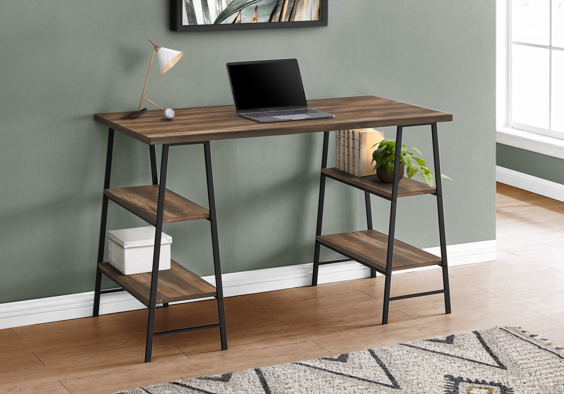 Computer Desk, Home Office, Laptop, Storage Shelves, 48"L, Work, Brown Laminate, Black Metal, Contemporary, Modern Brown Metal