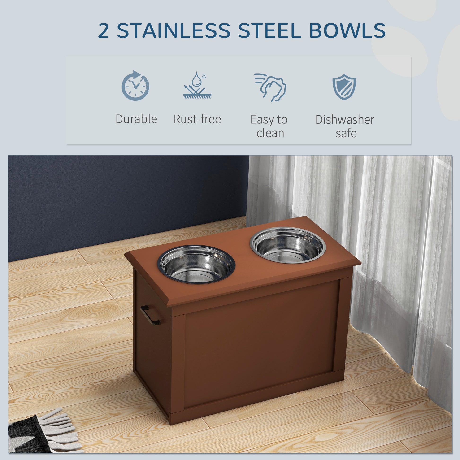 Pawhut Raised Pet Feeding Storage Station With 2 Stainless Steel Bowls Base For Large Dogs And Other Large Pets, Brown Brown Mdf