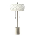 28 Inch Accent Table Lamp, Geometric Drum Shade, Metal Base, White, Silver Silver White Metal