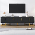 Modern Tv Stand With Metal Legs And Gold Handles For Tvs Up To 80'', Media Console Table With Cabinets And Adjustable Shelves, Luxury Tv Cabinet With Geometric Lines For Living Room, Black Black Gold Primary Living Space 80 89 Inches 80 89 Inches 80