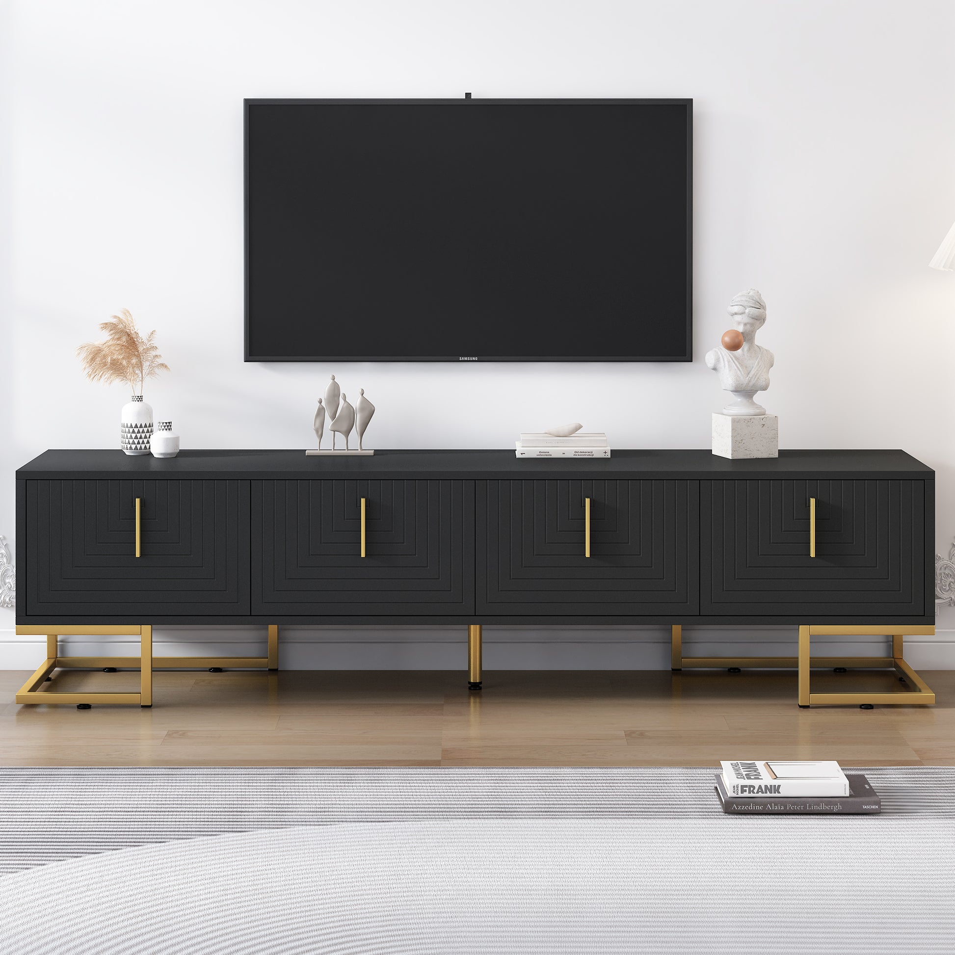 Modern Tv Stand With Metal Legs And Gold Handles For Tvs Up To 80'', Media Console Table With Cabinets And Adjustable Shelves, Luxury Tv Cabinet With Geometric Lines For Living Room, Black Black Gold Primary Living Space 80 89 Inches 80 89 Inches 80