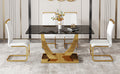 Table And Chair Set.Modern Rectangular Dining Table With Black Textured Stickers Glass Tabletop And Gold Plated Metal Legs.Paried With 4 Comfortable Chairs With Pu Seats And Golden Metal Legs. White Gold Seats 4 Glass Metal