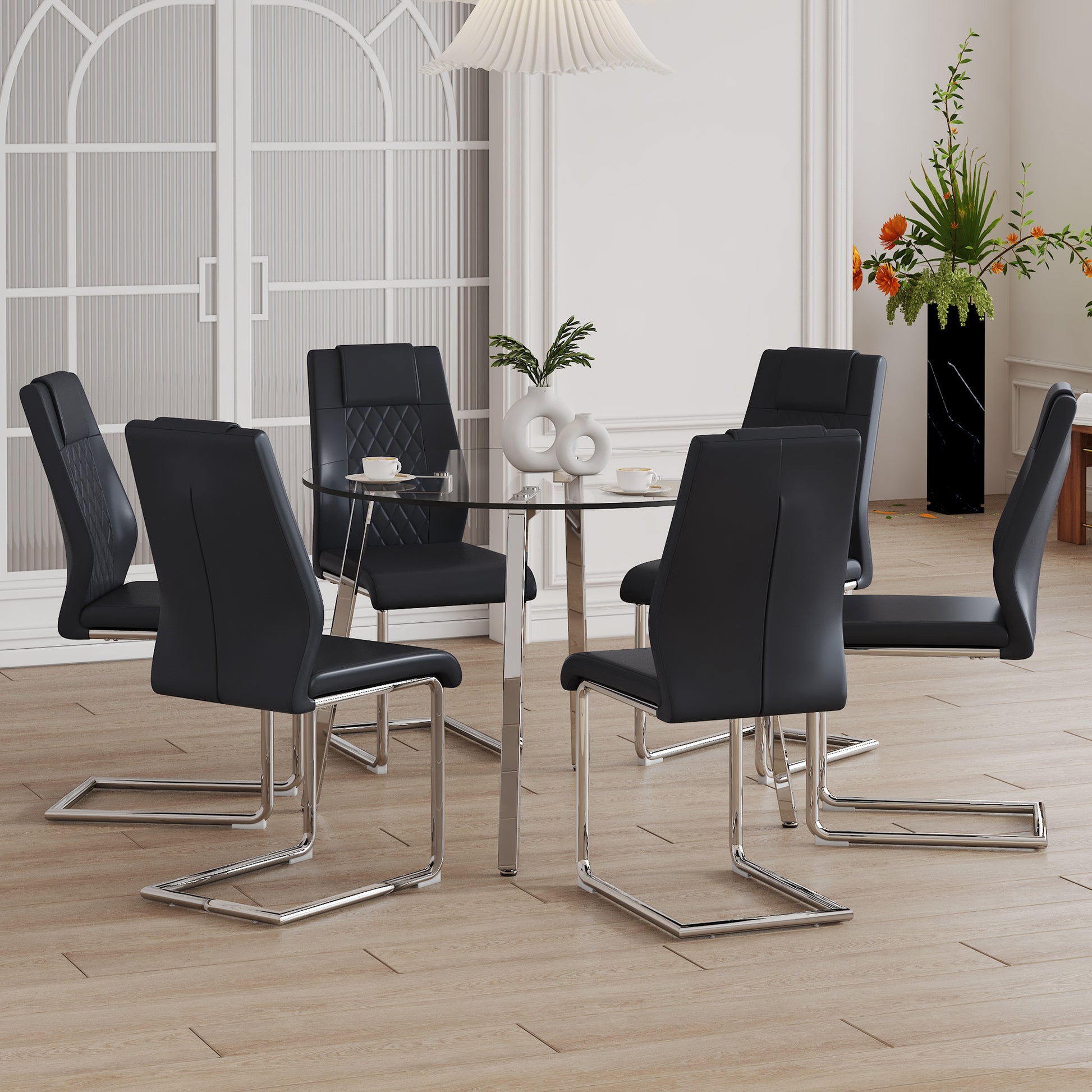 Table And Chair Set.A Modern Minimalist Style Round Clear Tempered Glass Table With Silver Metal Legs.Paried With 6 Chairs With Modern Pu Leather High Back Upholstered And C Tube Chrome Legs. Black,Silver Seats 6 Glass Metal