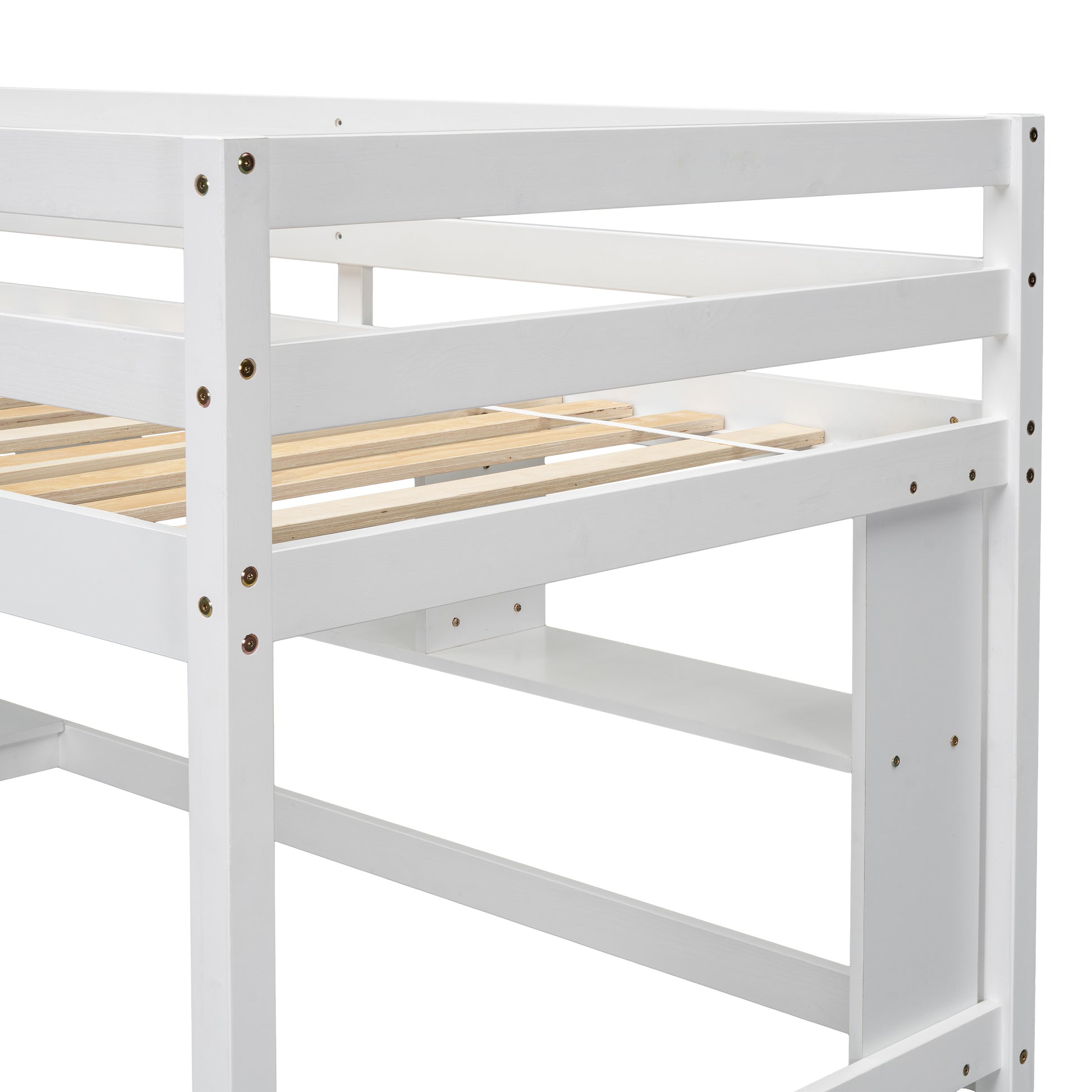 Twin Loft Bed With Built In Desk And Bookcase Of Three Compartments, Guardrails And Ladder,White Twin White Pine