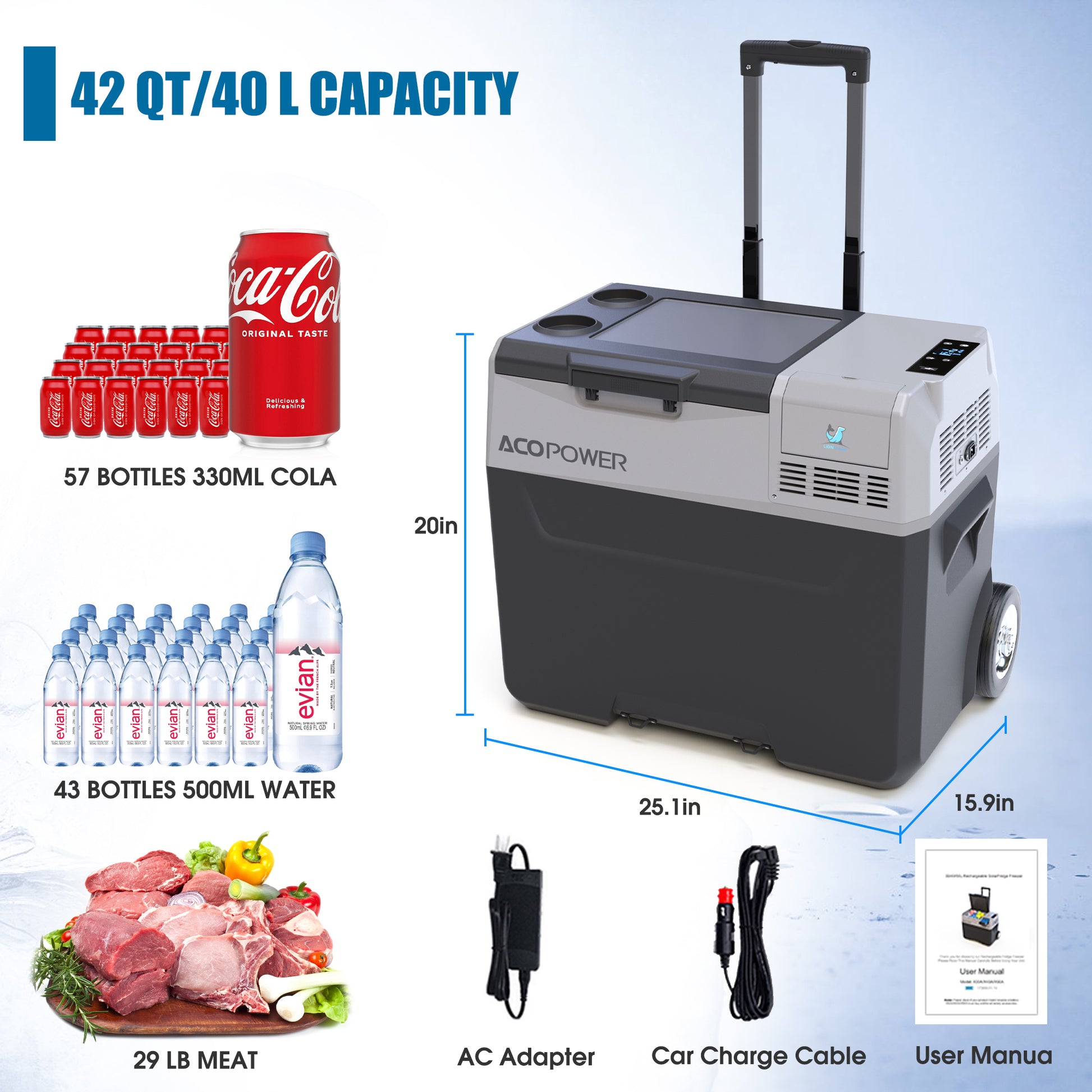 42Qt Car Freezer With App Control And 6'' Off Road Wheels, 12V,45W Cooler Freezer,Low Noice Antique White Gray Plastic