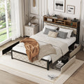 Metal Queen Size Platform Bed With 4 Drawers, Upholstered Headboard And Footboard, Sockets And Usb Ports, Beige Queen Beige Black Fabric Metal