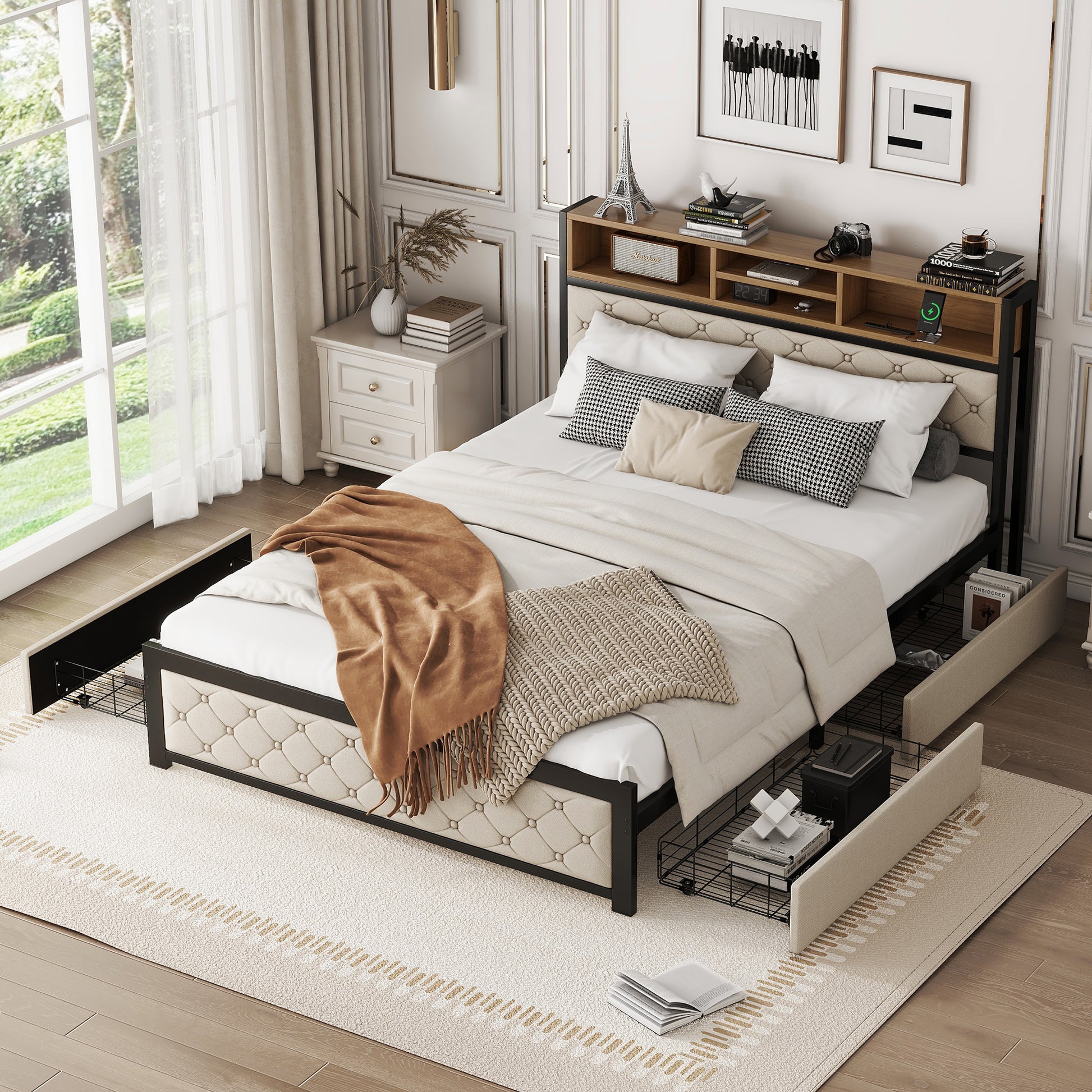 Metal Queen Size Platform Bed With 4 Drawers, Upholstered Headboard And Footboard, Sockets And Usb Ports, Beige Queen Beige Black Fabric Metal