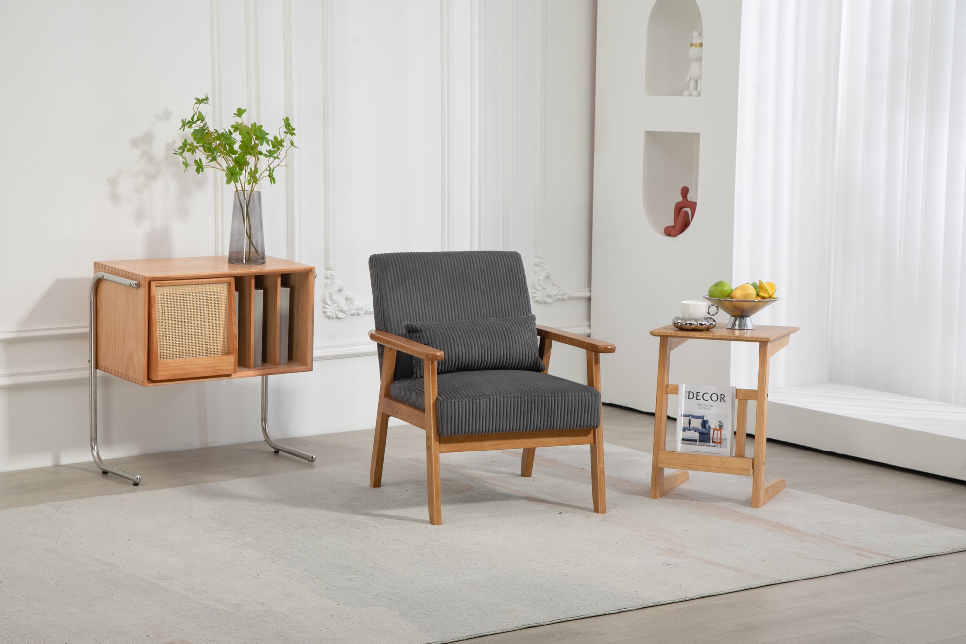 Leisure Chair With Solid Wood Armrest And Feet, Leisure Chair, Wood Frame, Velvet, L, Solid Rubber Wood Legs, Mid Century Modern Accent Chair, For Living Room Bedroom Studio Chair Dark Gray Corduroy