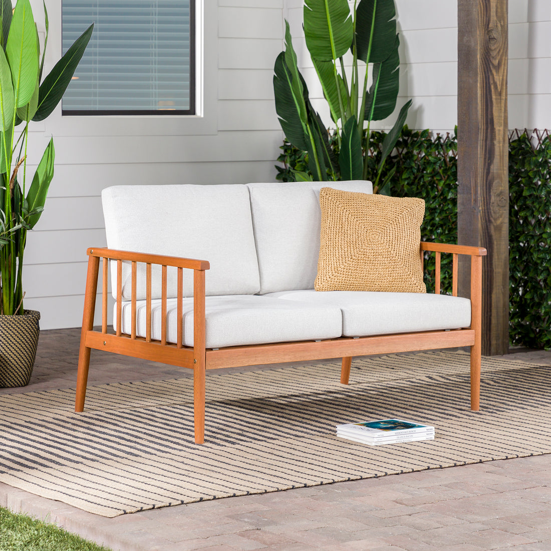 Contemporary Cushioned Eucalyptus Wood Patio Loveseat Brown Brown Eucalyptus Eucalyptus