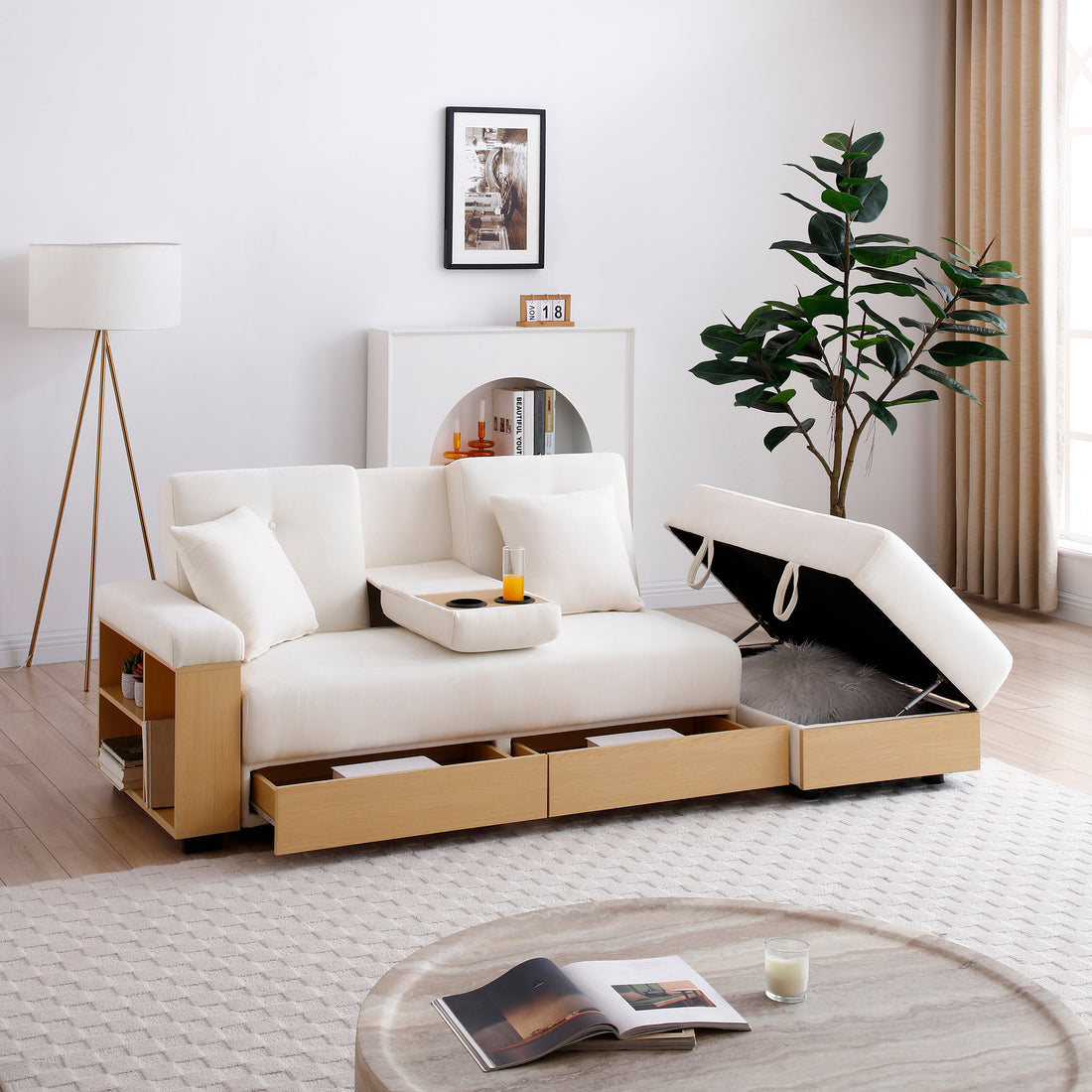 Convertible Sleeper Sofa Couch,Multifunctional Double Folding Sofa Bed,Storage Ottoman And Sofa Arm With Box And Drawer, Drop Down Table With 2Cup Holders For Living Room,Apartment,Office,Beige Beige Linen Wood Primary Living Space Modern Foam Cotton