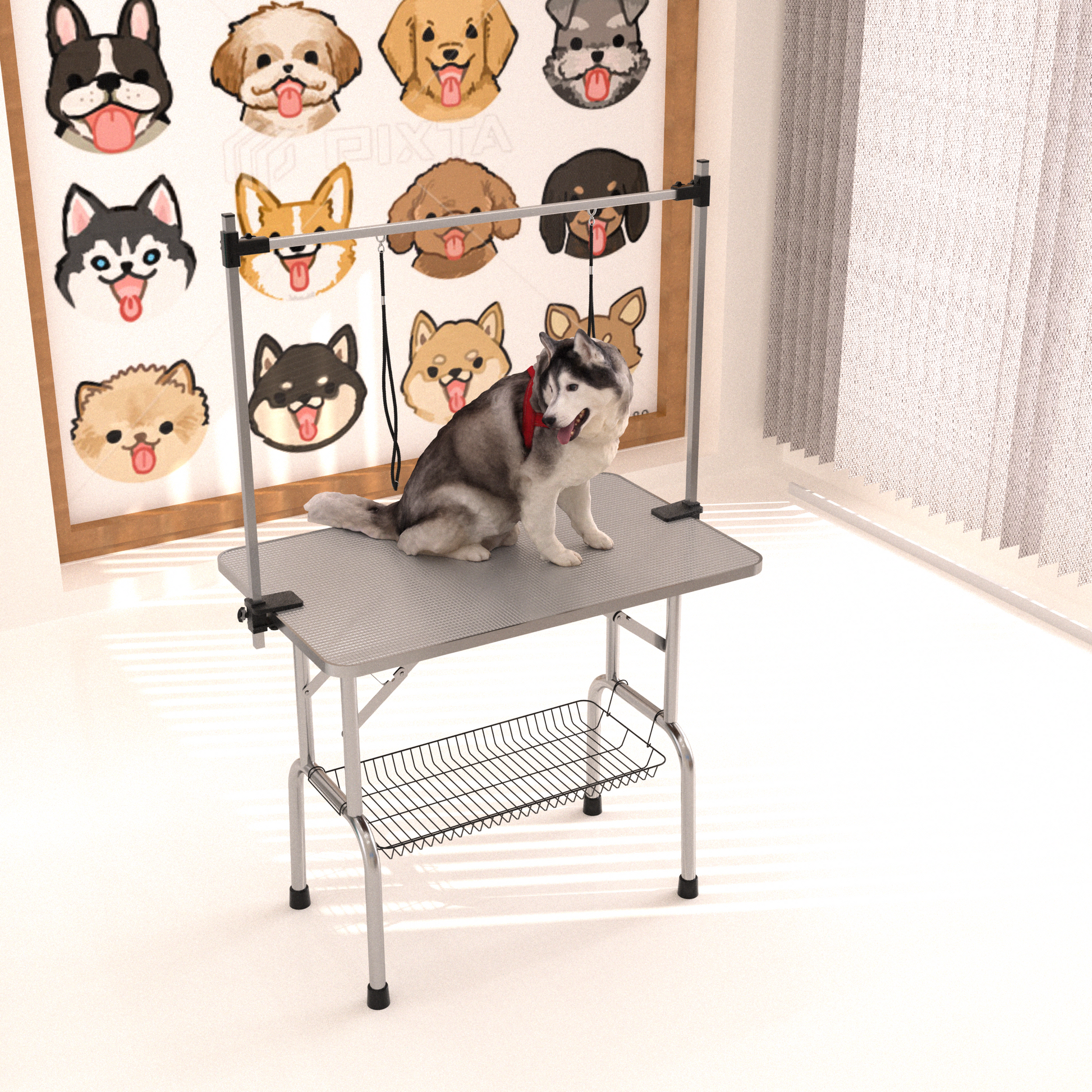 36" Folding Dog Pet Grooming Table Stainless Steel Frame Rubber Mat On Board With Adjustable Arm And Clamps Pet Dog Cat Grooming Table Silver Gray Color Silver Grey Rubber Stainless Steel