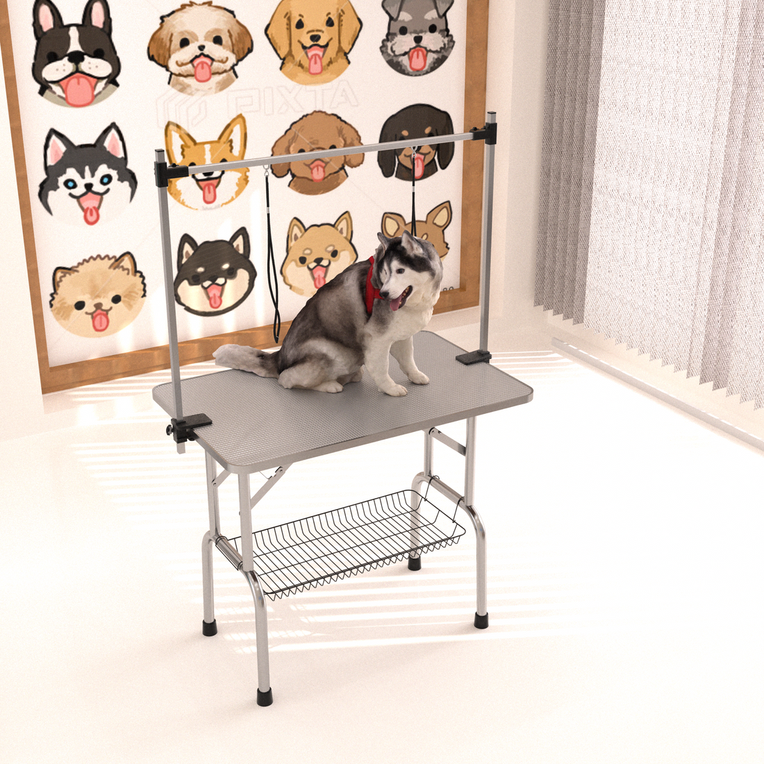 42" Folding Dog Pet Grooming Table Stainless Steel Frame Rubber Mat On Board With Adjustable Arm And Clamps Pet Dog Cat Grooming Table Silver Gray Color Silver Grey Rubber Stainless Steel