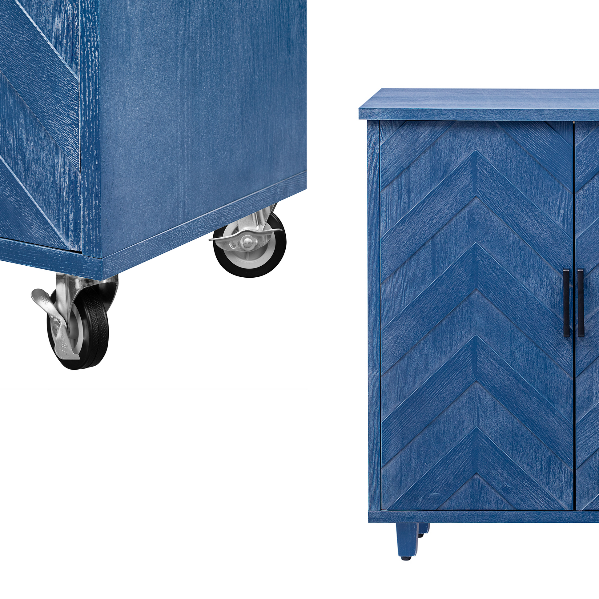 K&K 51.2"W 3D Wave Stripes Ash Veneer Not Cheap Paper Kitchen Island With Drop Leaf, Farmhouse Kitchen Island On Wheels With Internal Storage Rack, Rolling Kitchen Cart Navy Blue Navy Blue Nature