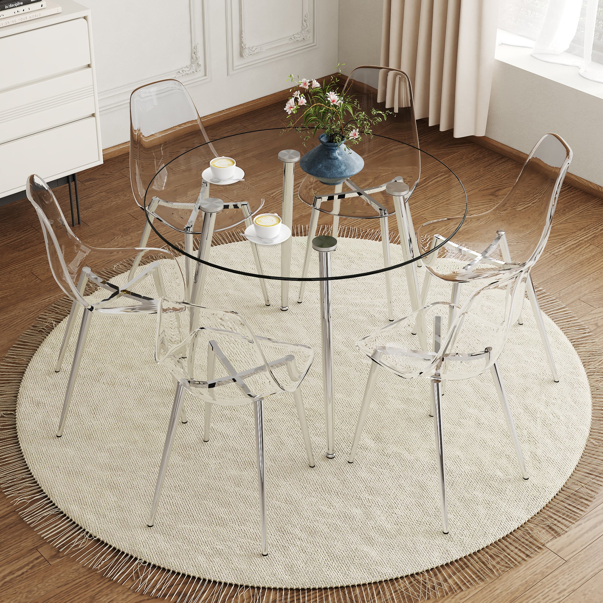 Table And Chair Set.A Modern Minimalist Round Dining Table With Transparent Tempered Glass Top And Silver Metal Legs,Paired With 6 Multiple Transparent High Quality Pp Dining Chairs With Silver Legs. Silver,Transparent Seats 6 Glass Metal