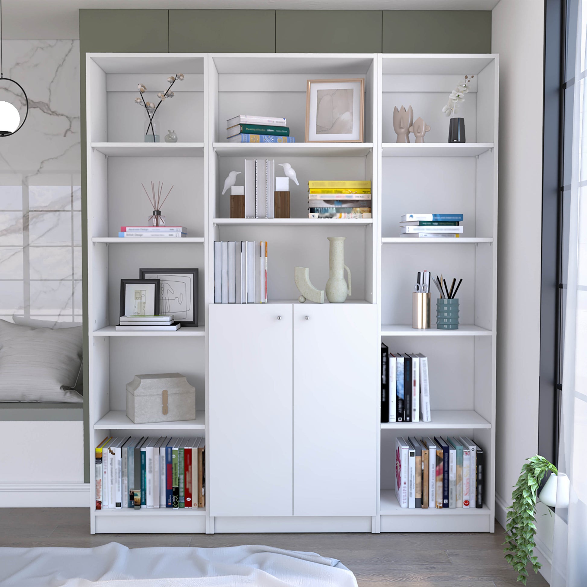 June 3 Piece Home Bookcase Set, 60" Wide With 13 Shelves And 2 Door Cabinetliving Room Set White Freestanding Matte White Office Open Storage Space Particle Board