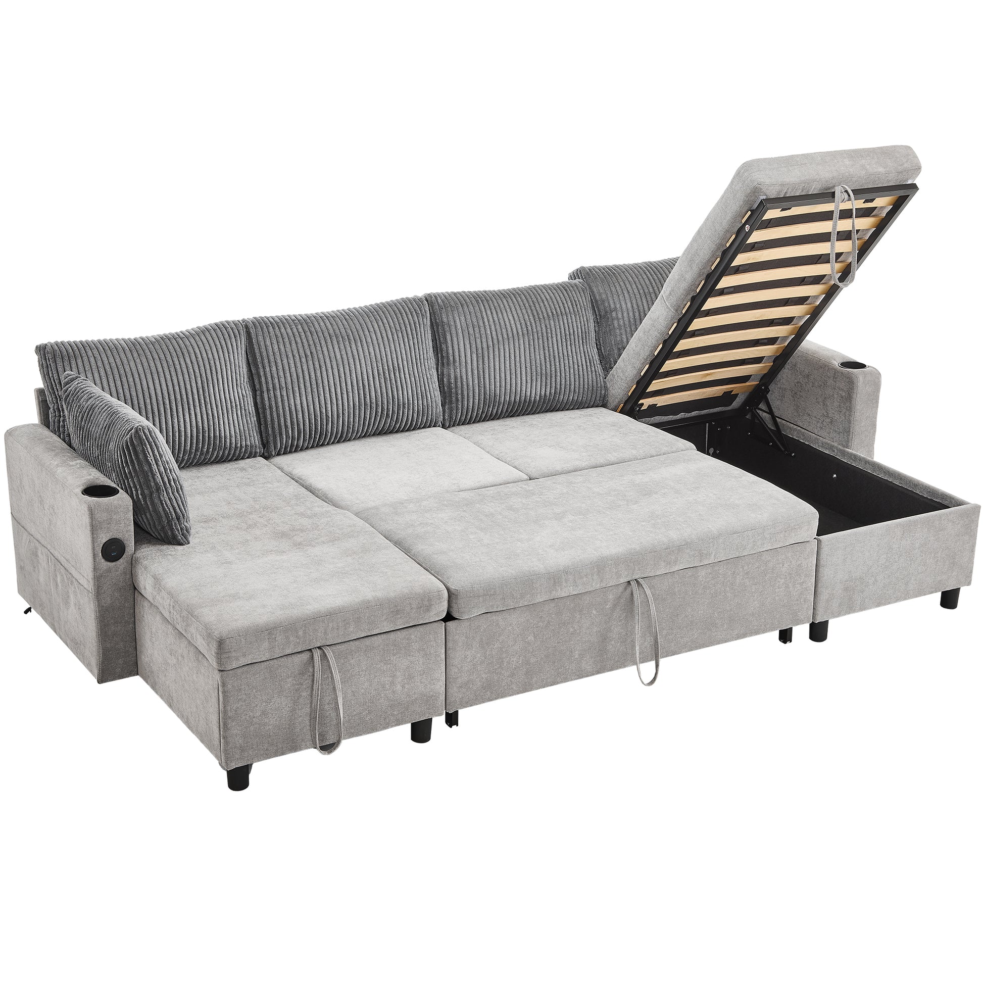 111.8" Sectional Sofa Pull Out Sofa Bed Versatile Sofa Sleeper With Large Storage Space, Two Usb Ports And Two Cup Holders For Living Room, Grey Grey Foam Chenille 4 Seat