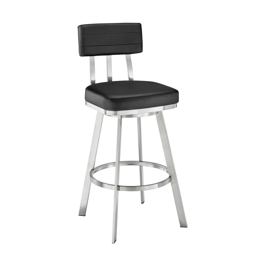 Col 26 Inch Swivel Counter Stool, Black Faux Leather, Stainless Steel Frame Black Silver Steel