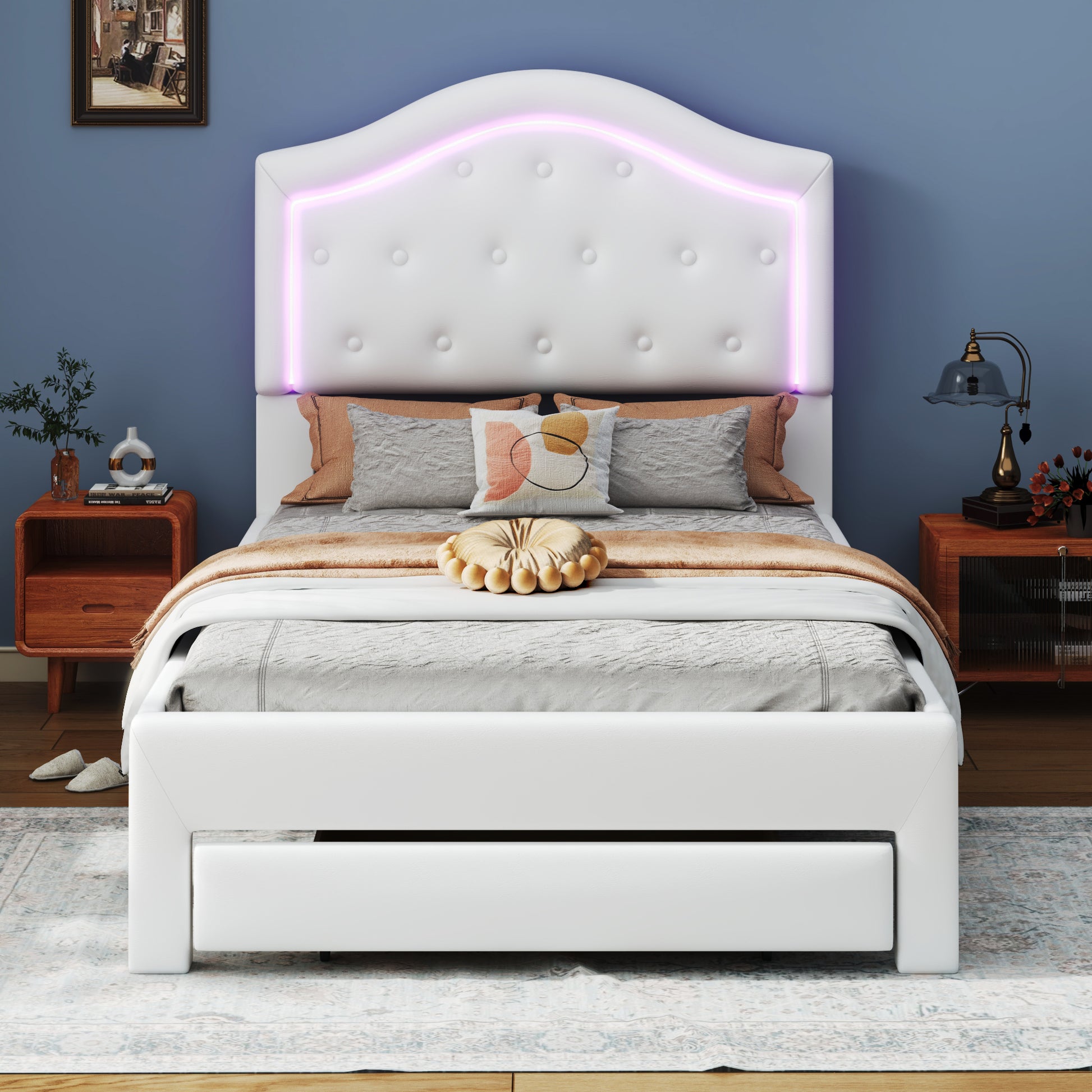 Twin Size Upholstered Platform Bed With Tufted Headboard, Led And A Drawer, White Box Spring Not Required Twin White Wood Faux Leather Upholstered