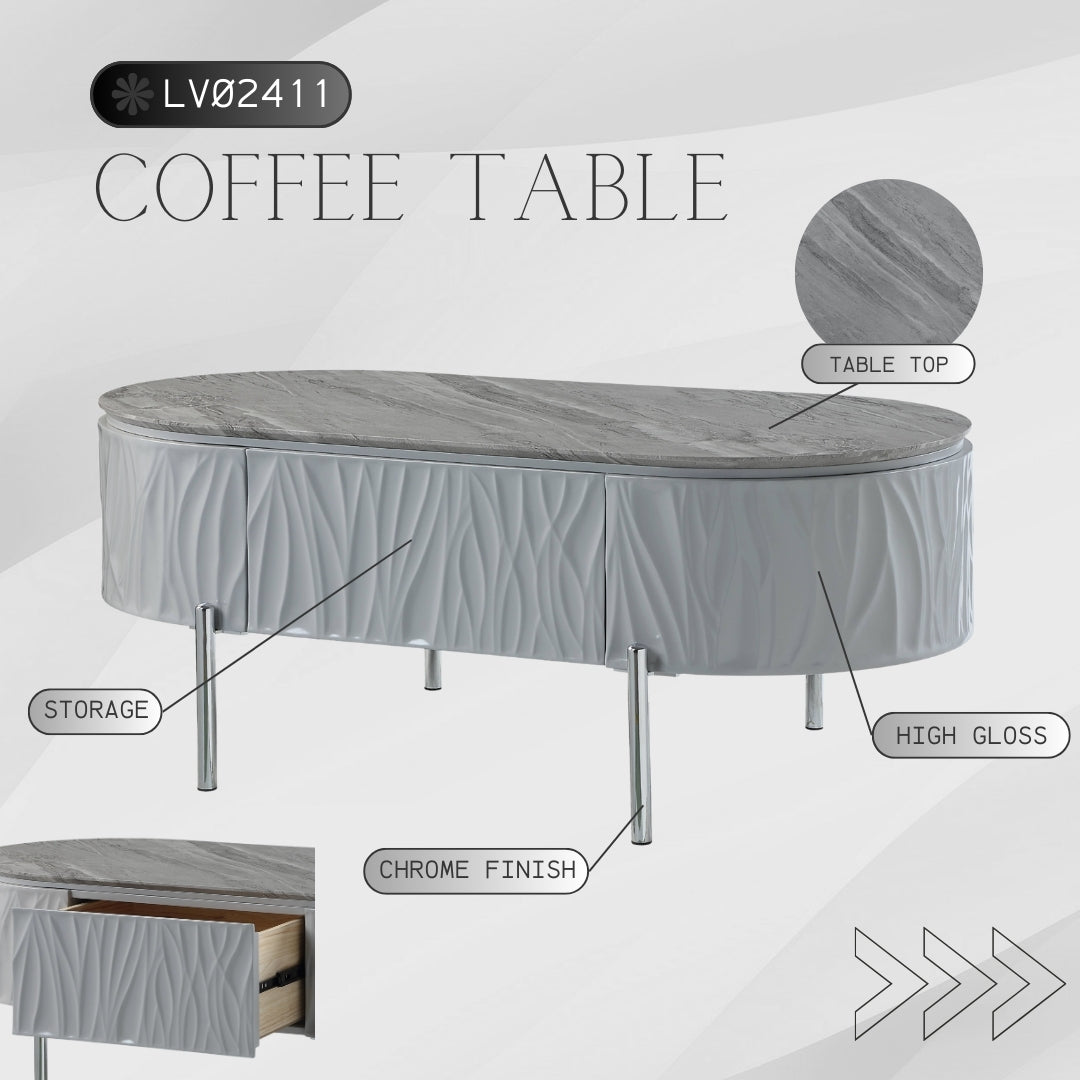 Grey High Gloss And Chrome Coffee Table Grey Silver Primary Living Space Oval Wood Metal