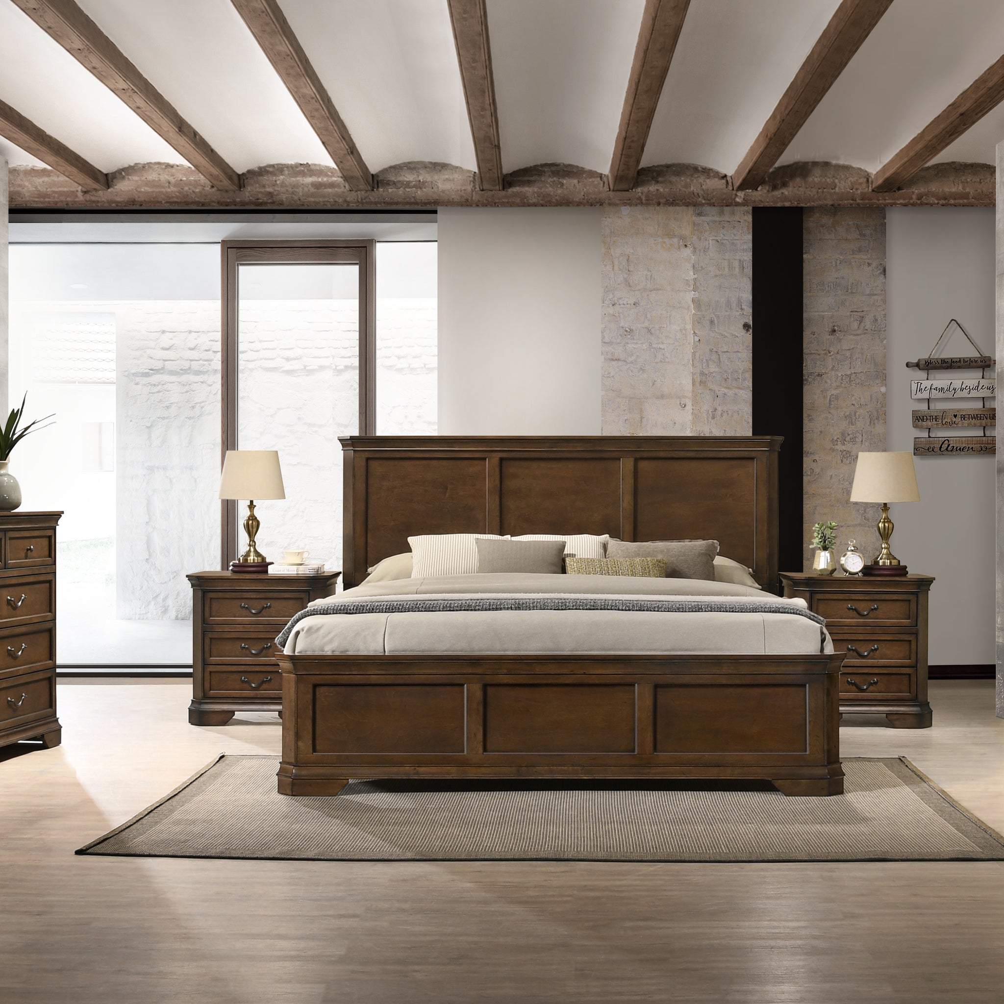 Maderne Traditional Wood Panel 6 Pieces Queen Bed Set With Dresser, Mirror, Two Nightstands, Chest Box Spring Required Queen Walnut Brown Wood Brown 6 Piece Set Bedroom Bed Included,Chest Included,Dresser Included,Mirror Included,Nightstand Included