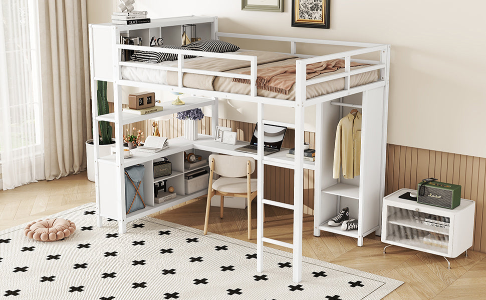Metal Loft Bed With Wardrobe And L Shaped Desk, Full Size Loft Bed With Storage Cubes And Shelves, Heavy Duty Loft Bed For Kids Teens Adults, White Pre Sale Date: August 10Th Full Off White Metal