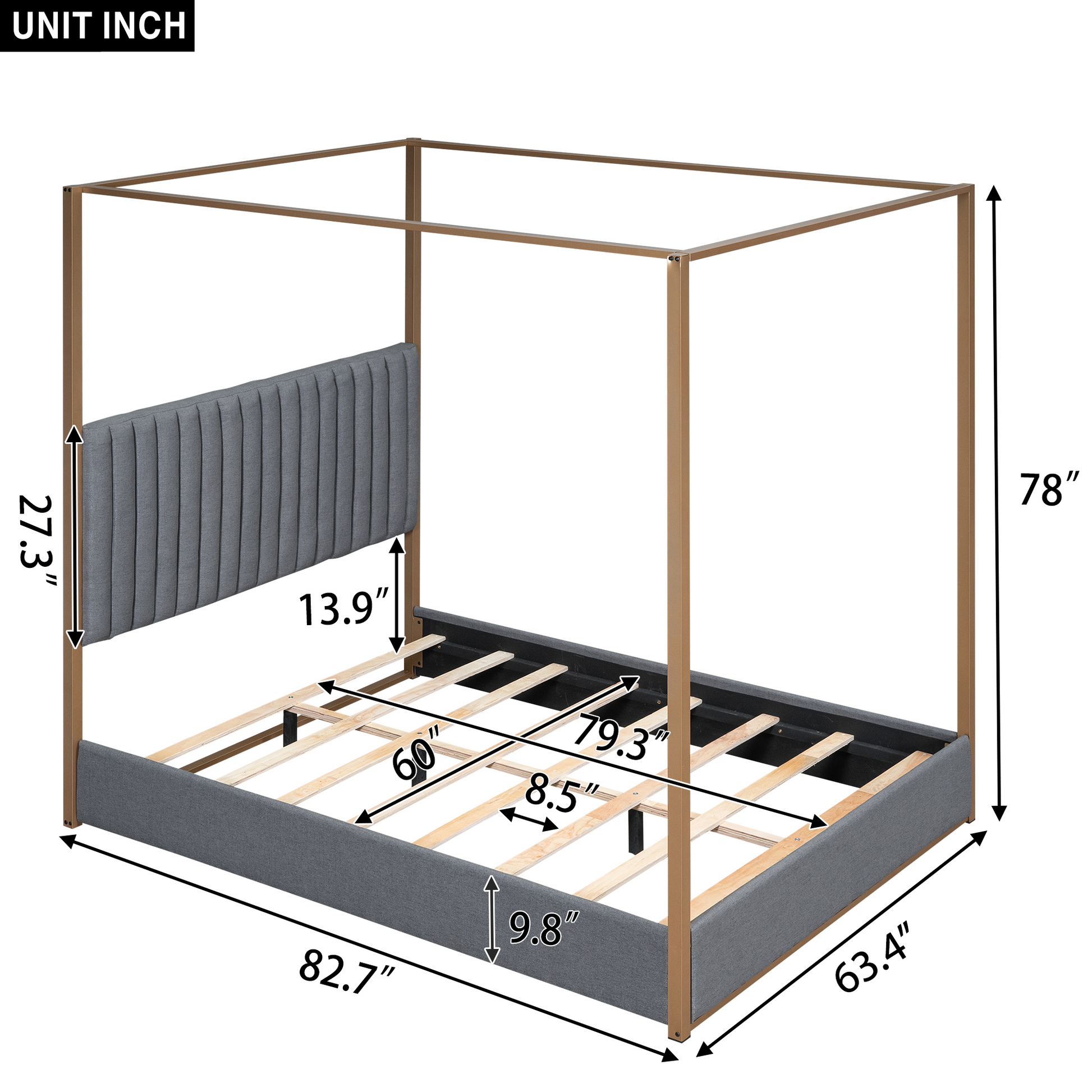 Queen Size Upholstery Canopy Platform Bed With Headboard And Metal Frame, Gray Box Spring Not Required Queen Gray Wood Linen Upholstered