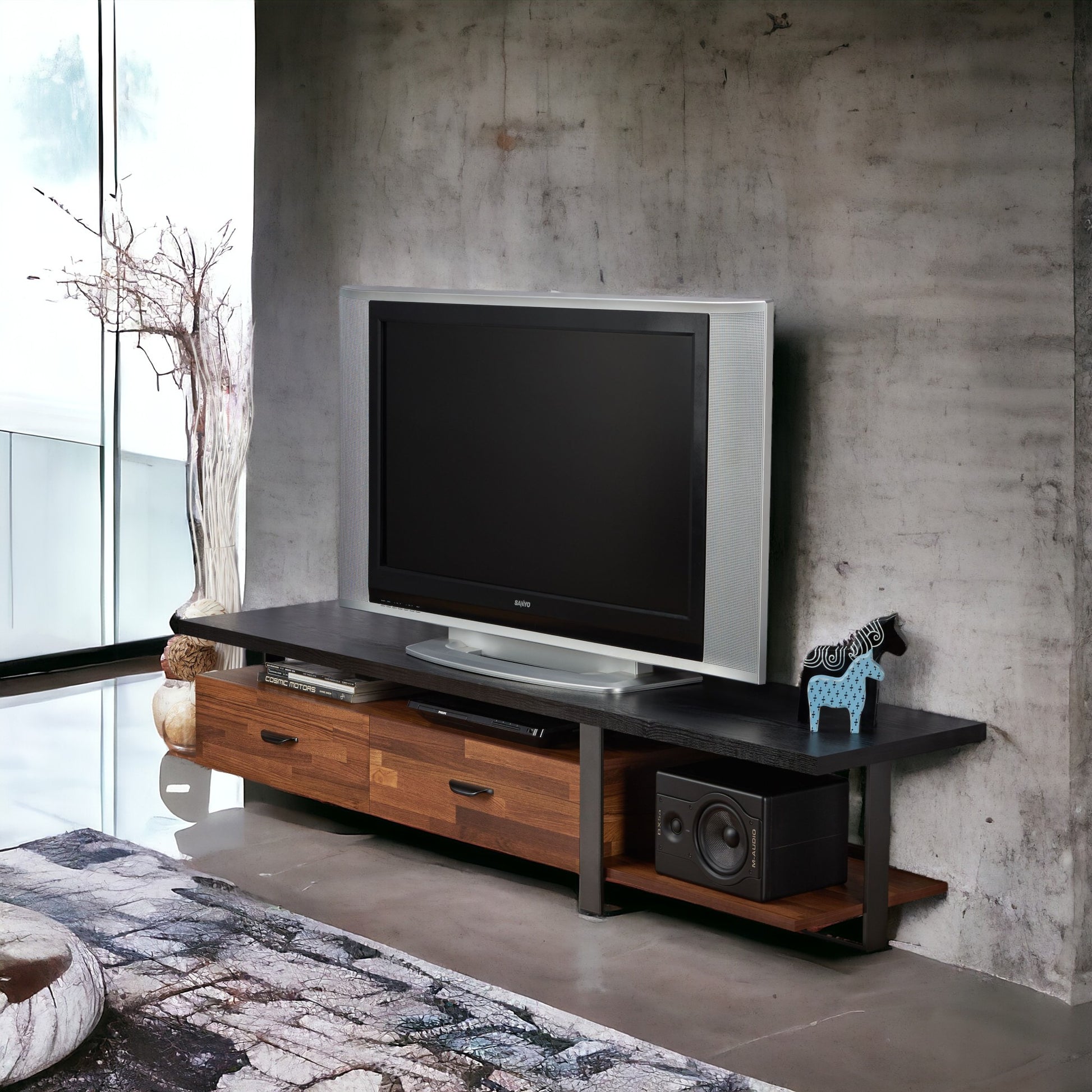Elling Walnut & Black Finish Tv Stand Walnut Black 50 59 Inches Synthetic Wood