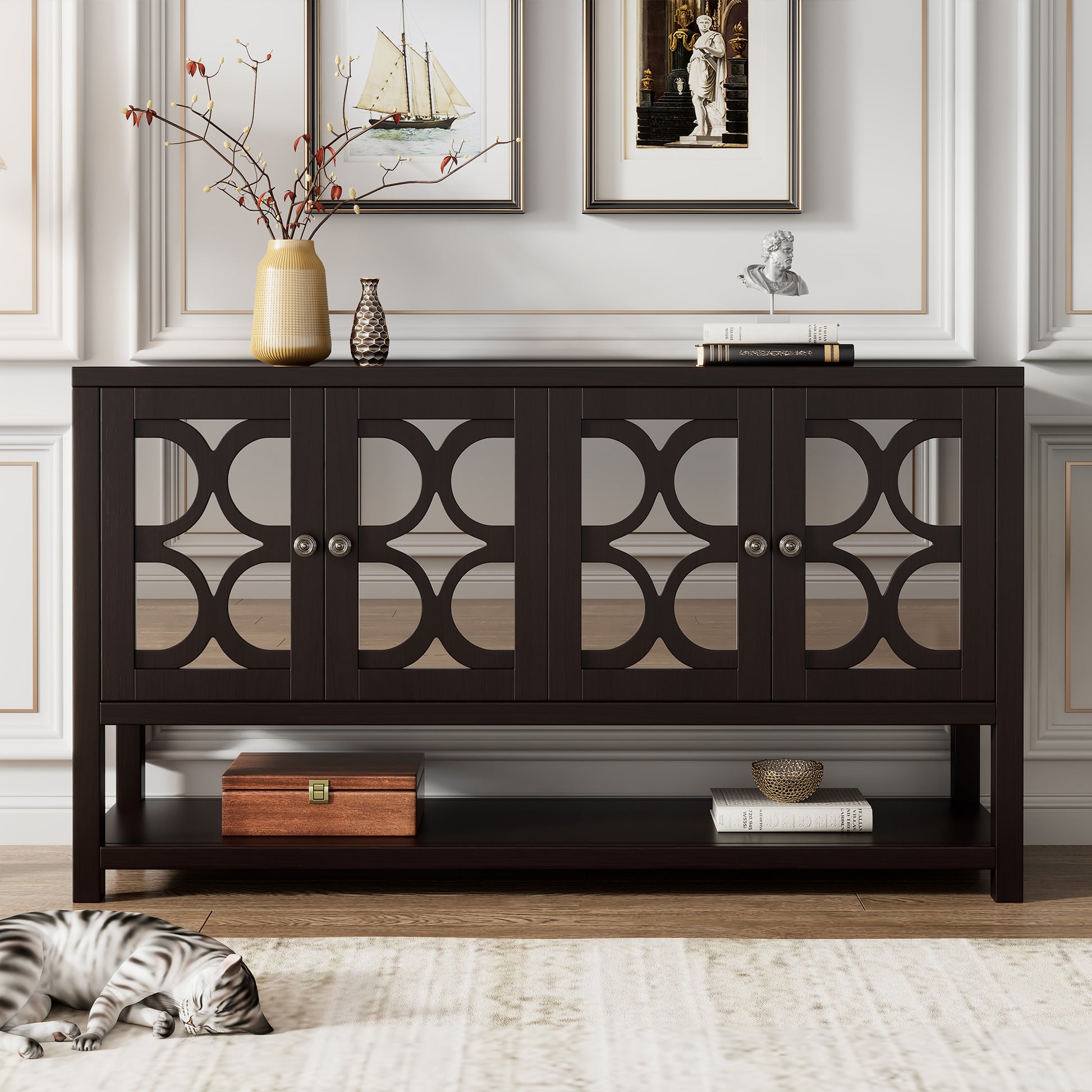 Elegant Retro Console Table Storage Cabinet Sideboard With Mirrored Doors, Spacious Shelves, And Durable Acacia Wood Legs Perfect For Living Room, Dining Room, Or Entryway Espresso Espresso Primary Living Space Solid Wood Mdf