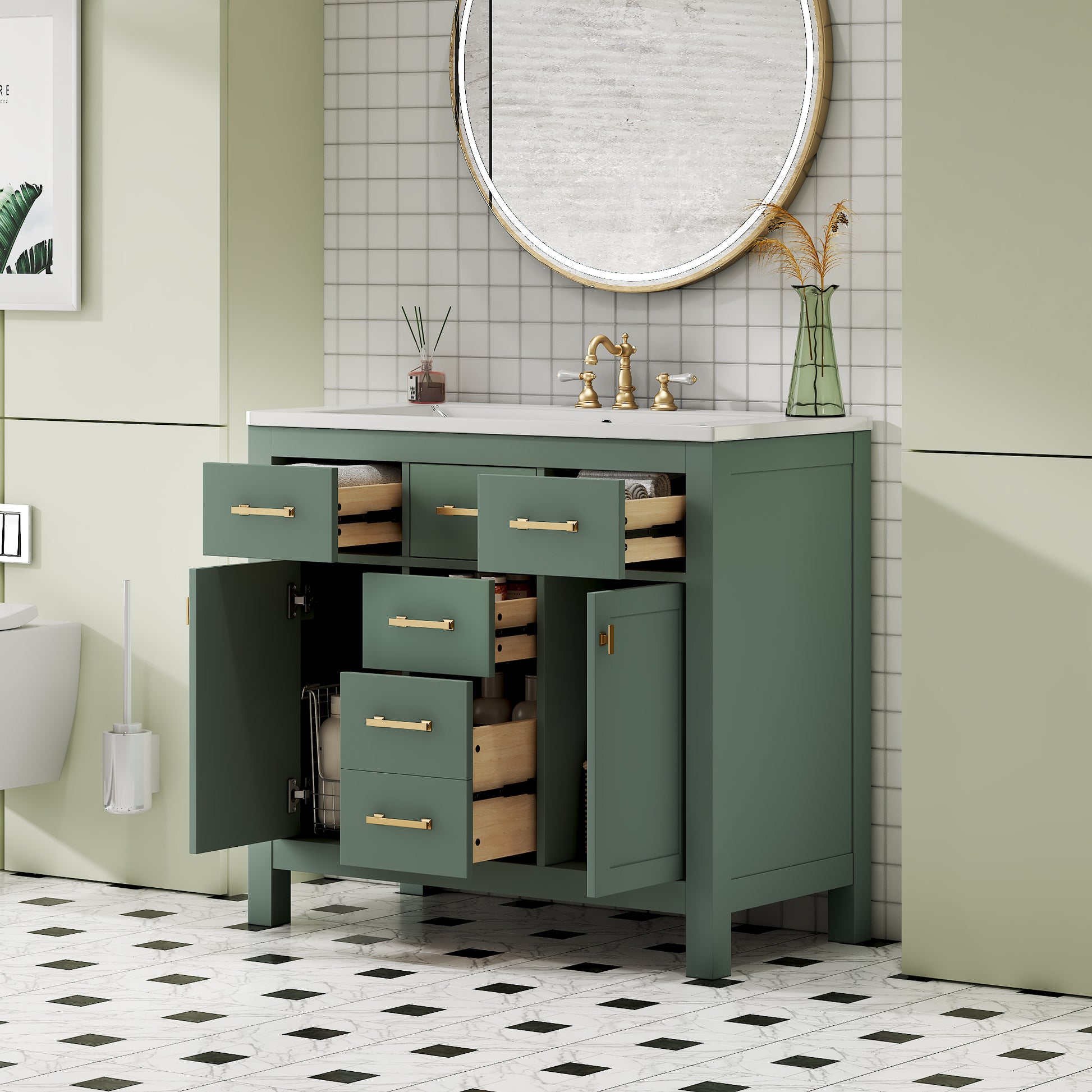 36'' Bathroon Vanity With Resin Sink Combo Set,Modern Freestanding Single Bathroom Cabinet With 4 Drawers & 2 Cabinets,Storage Cabinet For Bathroom, Solid Wood Frame Vanity Set, Green 4 Green 2 2 Adjustable Hinges Bathroom Freestanding Solid Wood Mdf