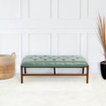 Hera Bench With Buttons Green Leather Antique Green,Light Sage Green,Wood Brown Genuine Leather Mid Century Modern Foam Genuine Leather,Solid Wood