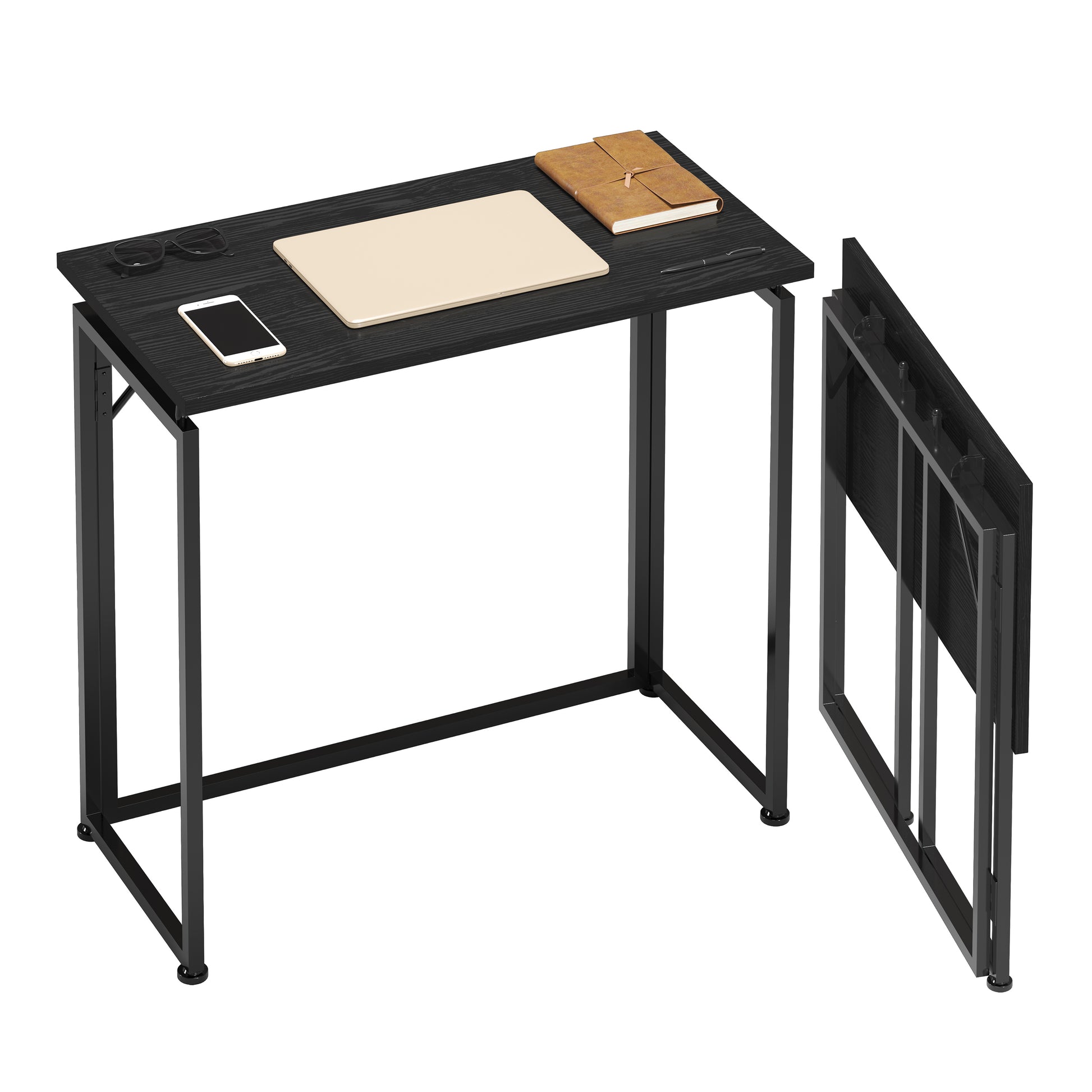 Techni Mobili 31.5 In. Folding Desk For Small Spaces, No Assembly Required, Black Black Office Modern Rectangular Rectangular Particle Board,Steel