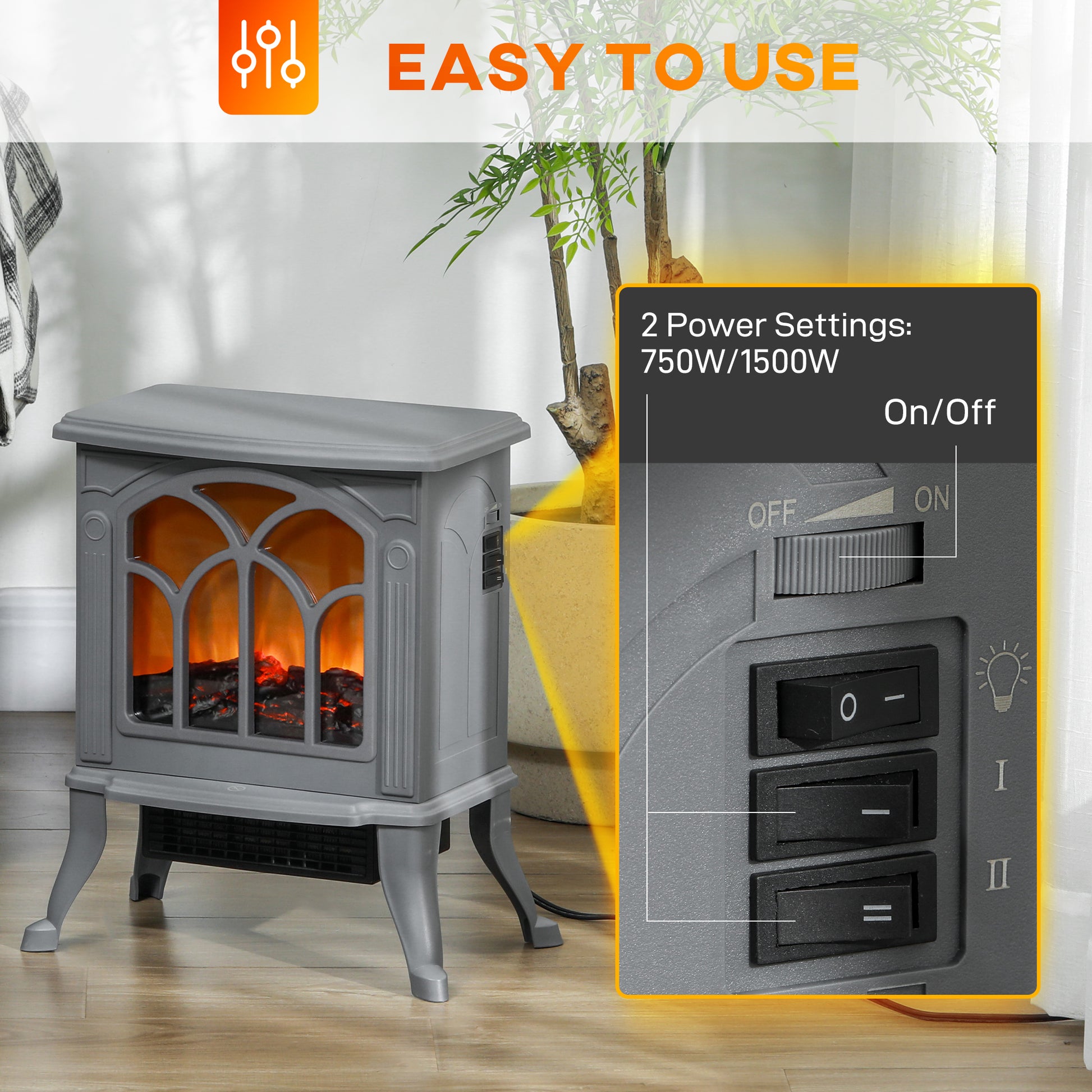 Homcom 17" Freestanding Electric Fireplace Stove, Fire Place Heater With Realistic Logs And Flame Effect And Overheat Protection, 750W 1500W, Gray Gray Plastic