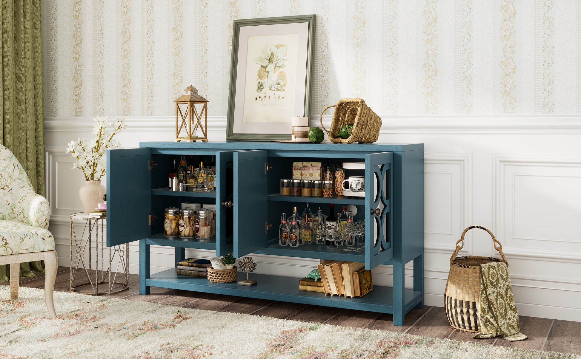 Elegant Retro Console Table Storage Cabinet Sideboard With Mirrored Doors, Spacious Shelves, And Durable Acacia Wood Legs Perfect For Living Room, Dining Room, Or Entryway Antique Navy Antique Navy Primary Living Space Solid Wood Mdf