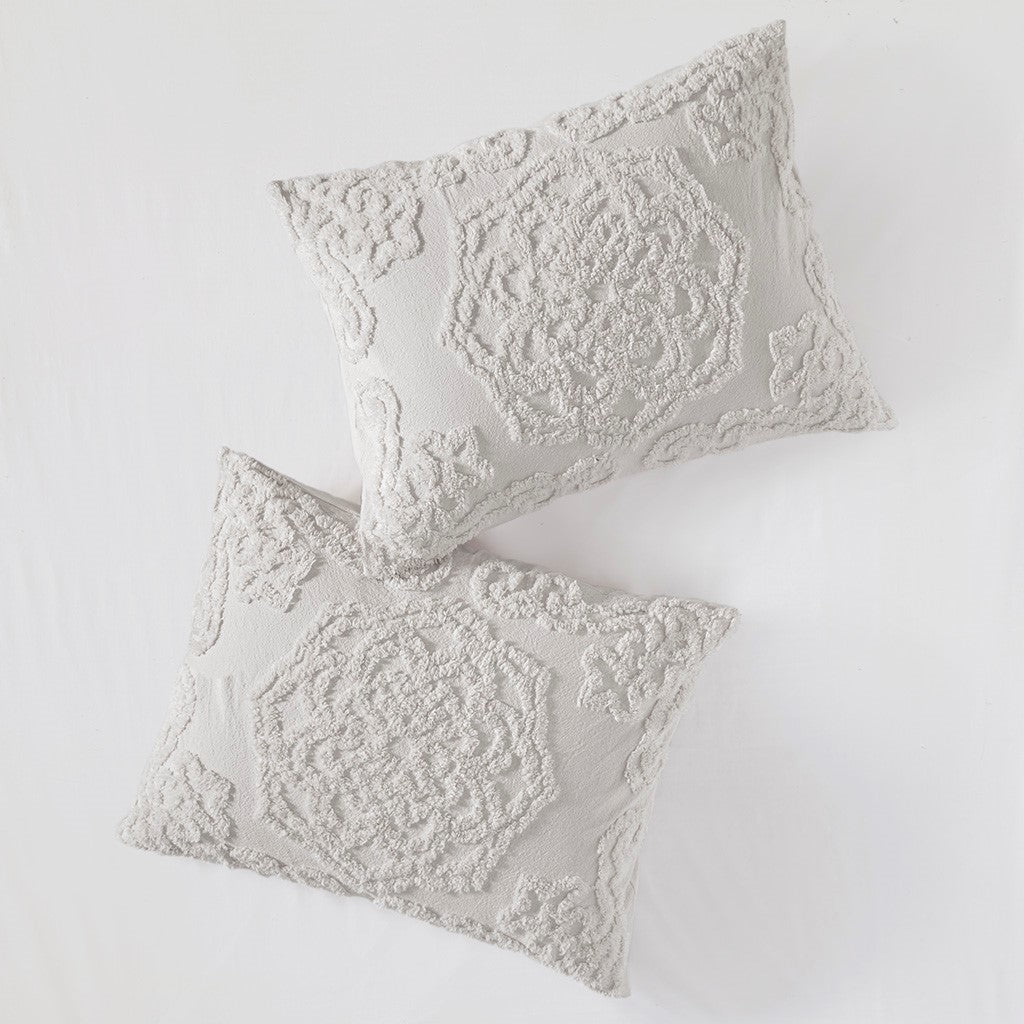 3 Piece Tufted Cotton Chenille Medallion Comforter Set Grey King Cal King King Grey Cotton