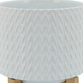 Ceramic Planter With Chevron Pattern And Wooden Stand, Small, White White Wood