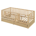 Twin Size Wood Daybed With Fence Guardrails And 2 Drawers, Split Into Independent Floor Bed & Daybed, Natural Old Sku :Lp000881Aan Twin Natural Solid Wood Mdf