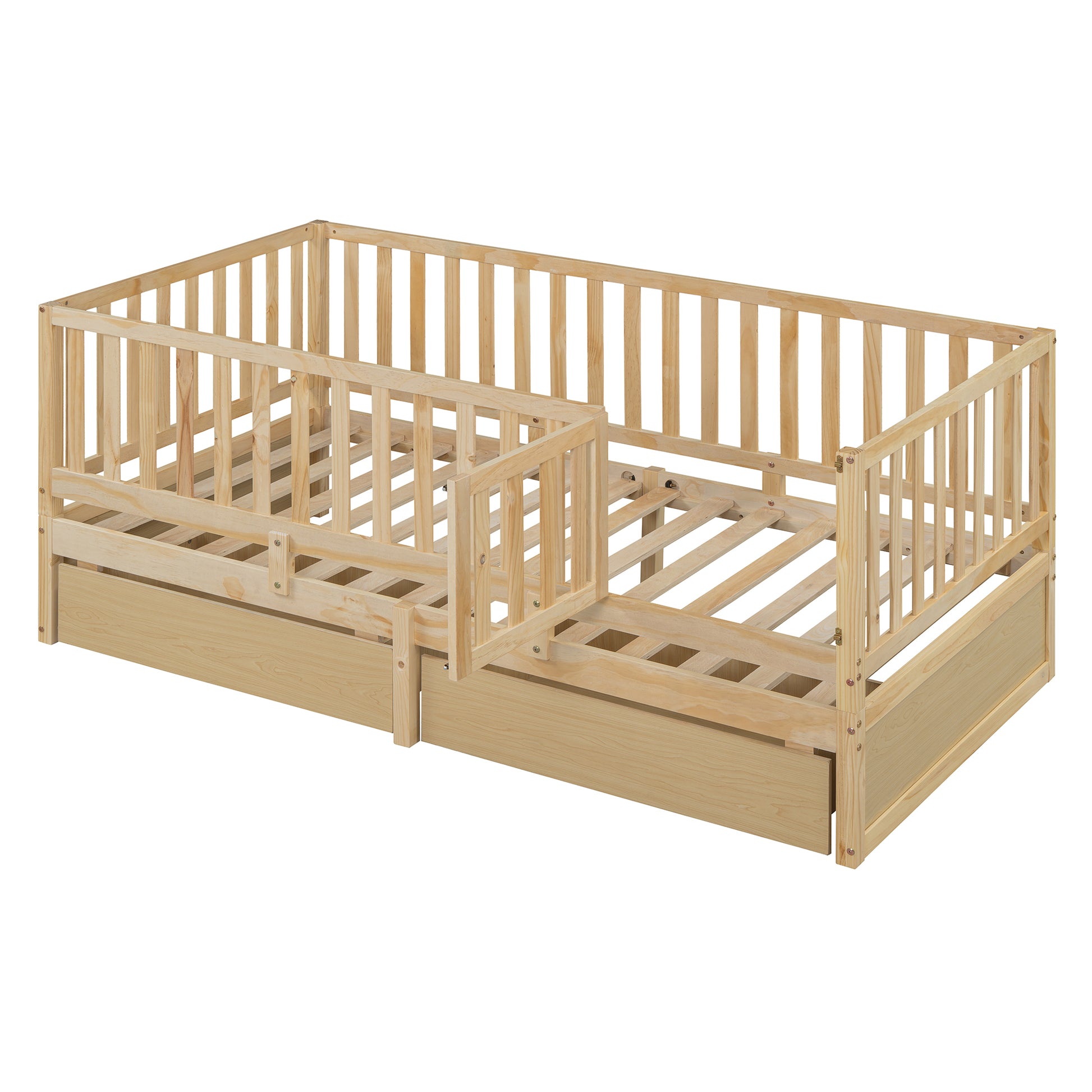 Twin Size Wood Daybed With Fence Guardrails And 2 Drawers, Split Into Independent Floor Bed & Daybed, Natural Old Sku :Lp000881Aan Twin Natural Solid Wood Mdf